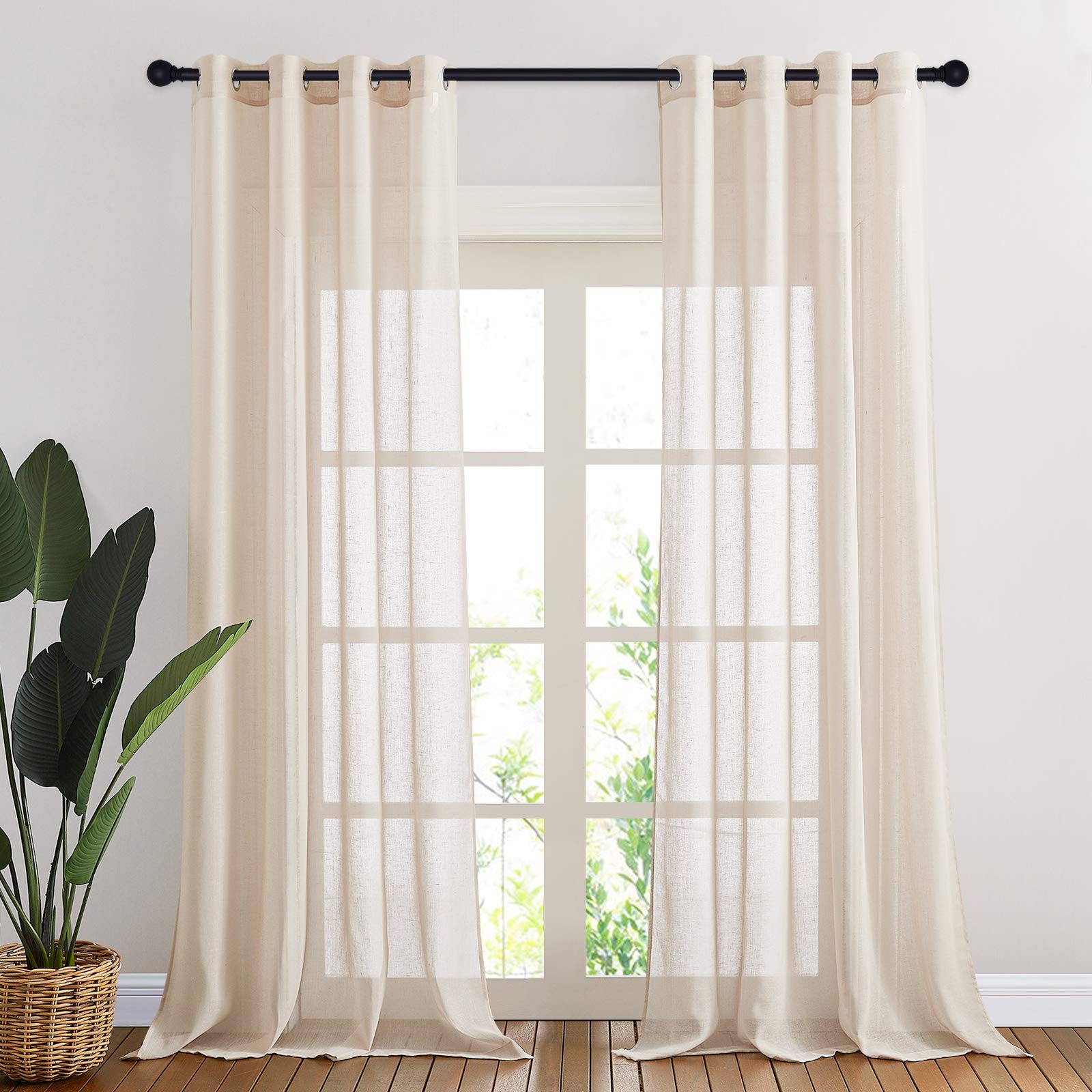 NICETOWN Semi Sheer Beige Curtains 84 inches Long, Grommet Retro Linen Curtains Window Treatments Vertical Drapes Privacy with Light Filter for Living Room, W52 x L84, 2 Panels