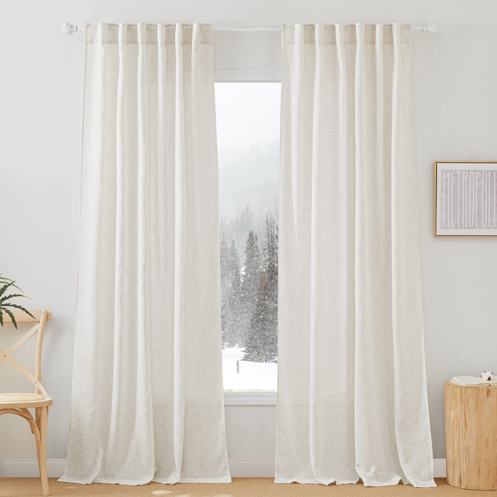 RYB HOME White Sheer Curtains Linen Texture Window Panels, Semi Sheer Light Filetring Rod Pocket & Back Tab Drapes for Bedroom, 52 x 84 inches, Pack of 2