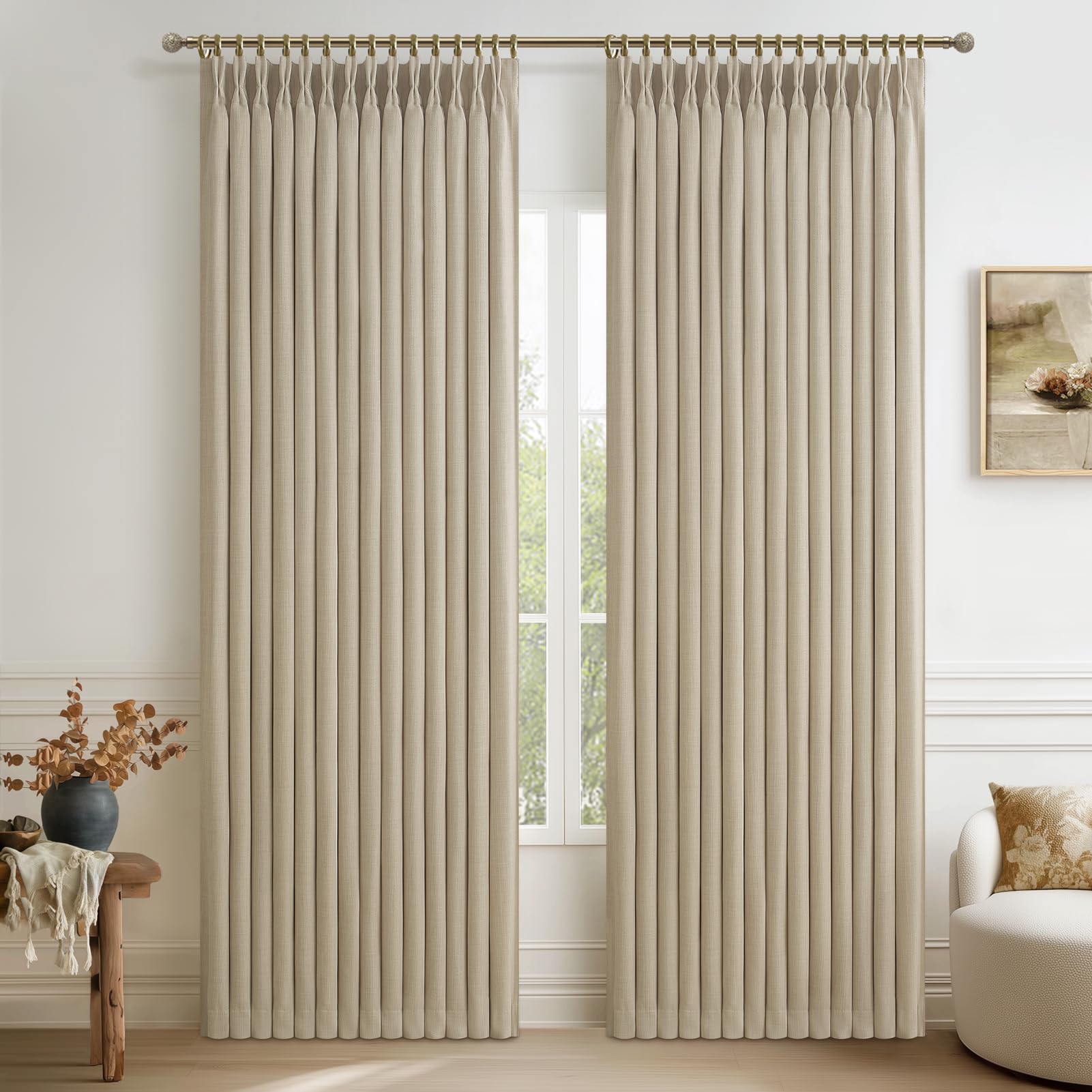 100% Blackout Linen 96 Inch Curtains 2 Panel Set for Bedroom, Modern Pinch Pleated Natural Linen Off Beige White Insulated Heavy Curtain 40 x 96 Inches Length Sliding Glass Door Room Darkening Drapes