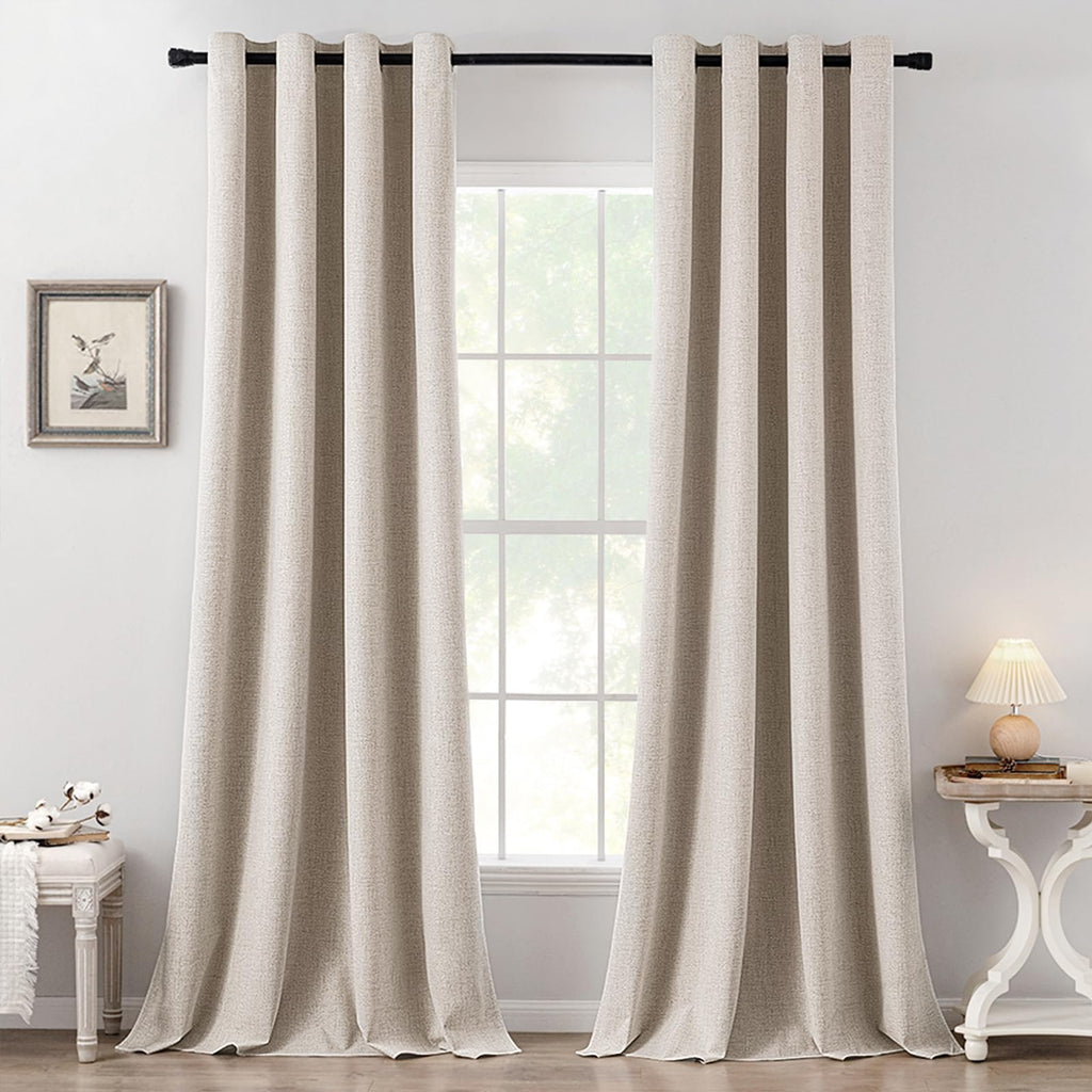 MIULEE 90 Inches Linen Textured Curtains for Bedroom 100% Blackout Thermal Insulated Natural Beige Grommet Room Darkening Curtains & Drapes Luxury Decor for Living Room Nursery 52 x 90 Inch (2 Panels)