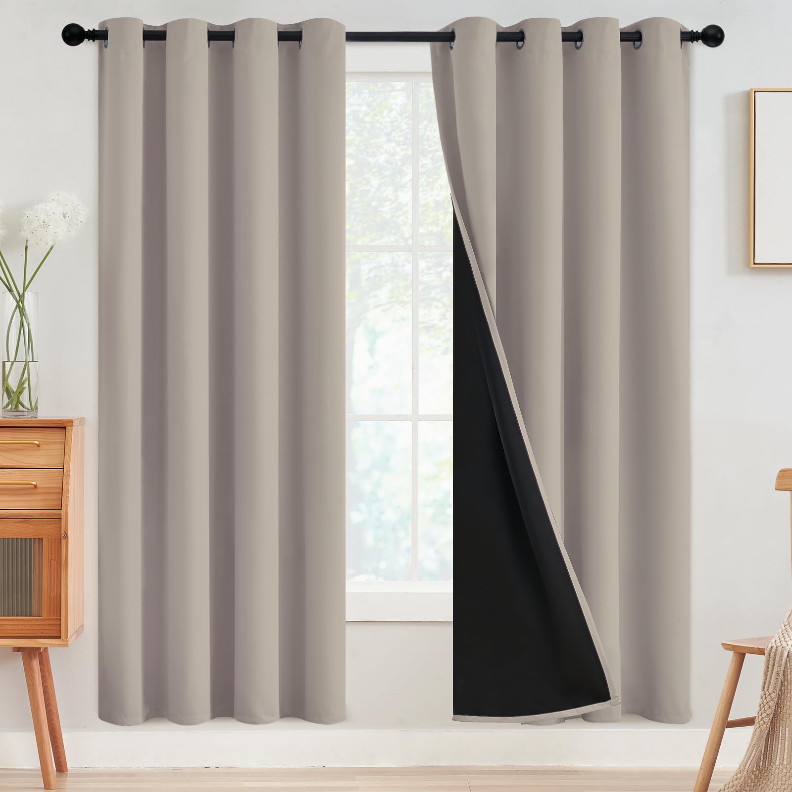SimpleHome 100% Blackout Curtains for Bedroom,Thermal Insulated Grommet Window Drapes Room Darkening Cream Curtains for Living Room with Black Back,52 x 84 Inch,2 Panels