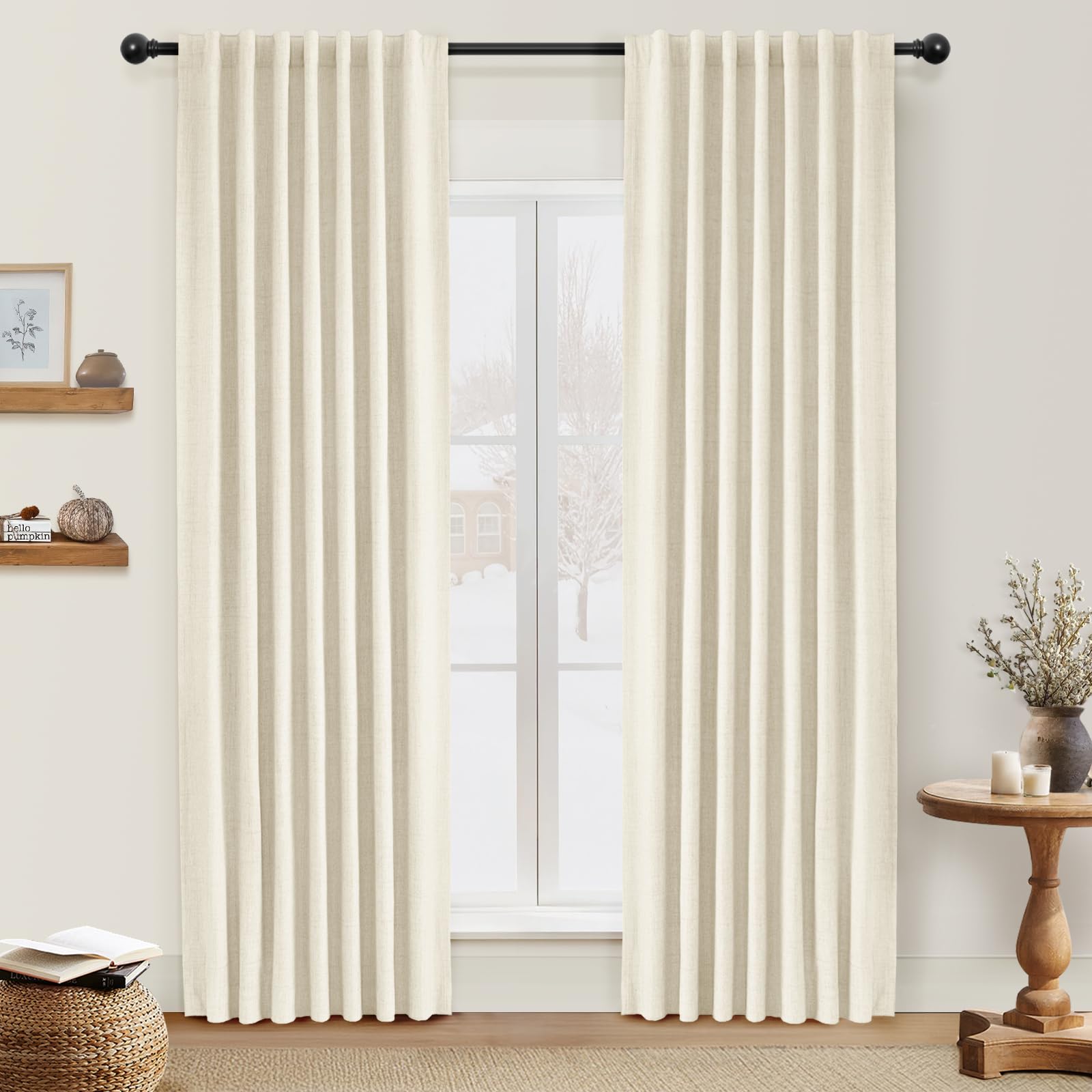 INOVADAY 100% Blackout Curtains 96 Inches Length 2 Panels Set, Back Tab/Rod Pocket Linen Black Out Curtains for Bedroom, Thermal Insulated Window Drapes - Cream, W50 X L96