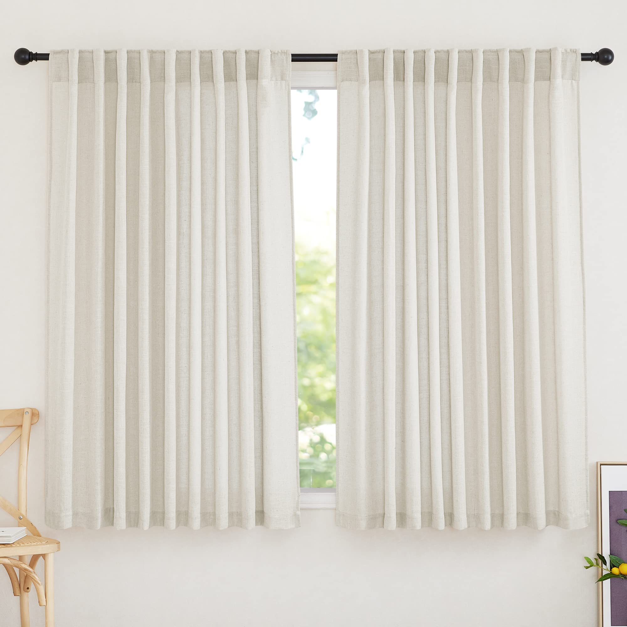 RYB HOME White Sheer Curtains Linen Texture Window Panels, Semi Sheer Light Filetring Rod Pocket & Back Tab Drapes for Bedroom, 52 x 84 inches, Pack of 2