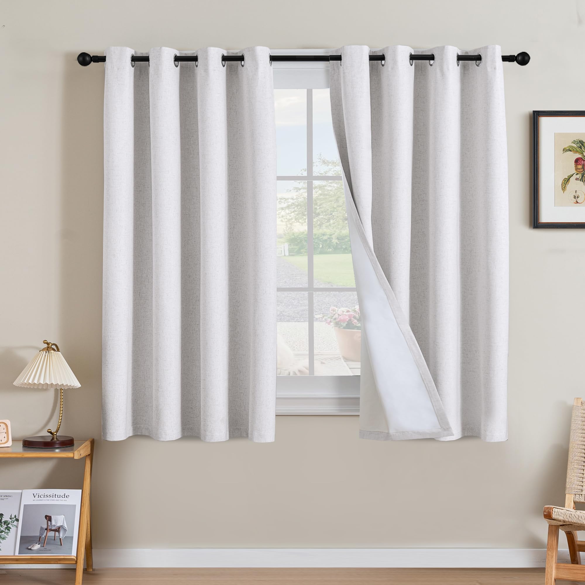 H.VERSAILTEX Linen 100% Blackout Curtains for Bedroom Full Light Blocking Curtains, Textured Window Curtain for Living Room 84 inch Grommet, Energy Efficient Curtains White Liner(2 Panels, Natural)