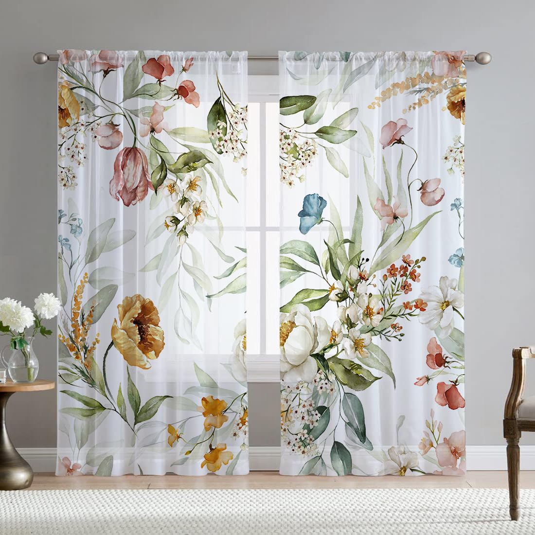 Green Eucalyptus Leaves Sheer Curtains for Living Room 84 inch Length 2 Panels Set Elegant Wild Flower Floral Spring Printed Window Curtain Natural Chiffon Drapes for Bedroom