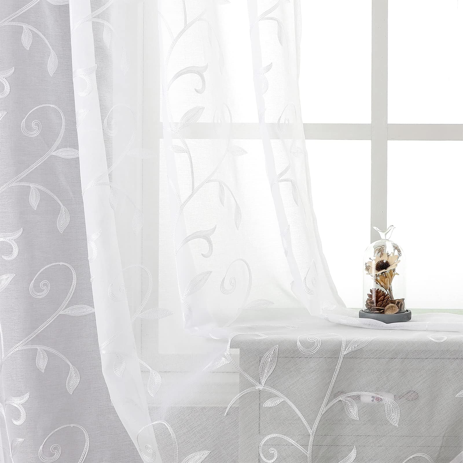 VISIONTEX Sheer Curtains 84 Inches Long 2 Panels Set Cream Beige Embroidered Floral Leaf Pattern Rod Pocket Semi Sheer Voile Window Curtains/Drapes for Bedroom Living Room 54 x 84 Inches