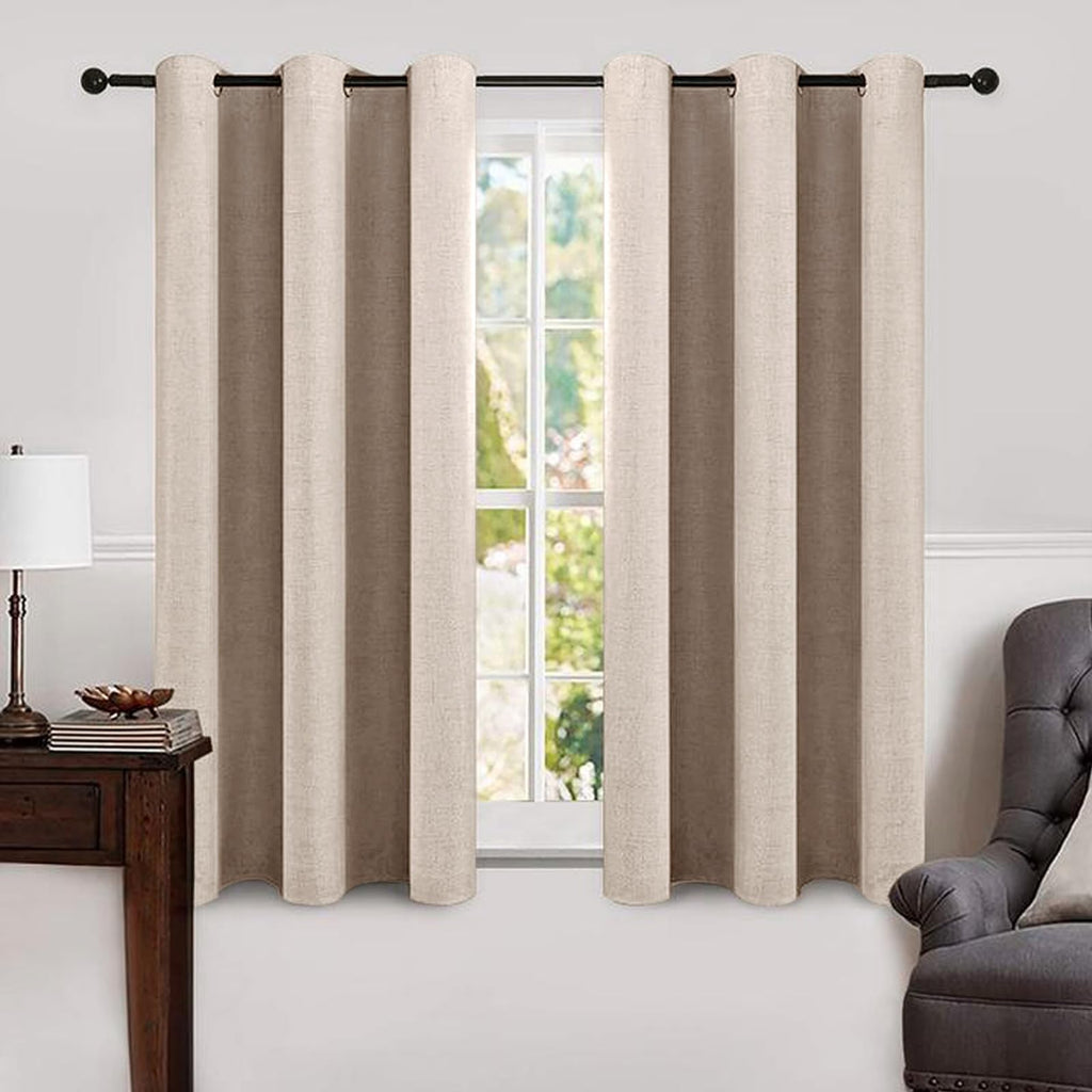 MIULEE 90 Inches Linen Textured Curtains for Bedroom 100% Blackout Thermal Insulated Natural Beige Grommet Room Darkening Curtains & Drapes Luxury Decor for Living Room Nursery 52 x 90 Inch (2 Panels)