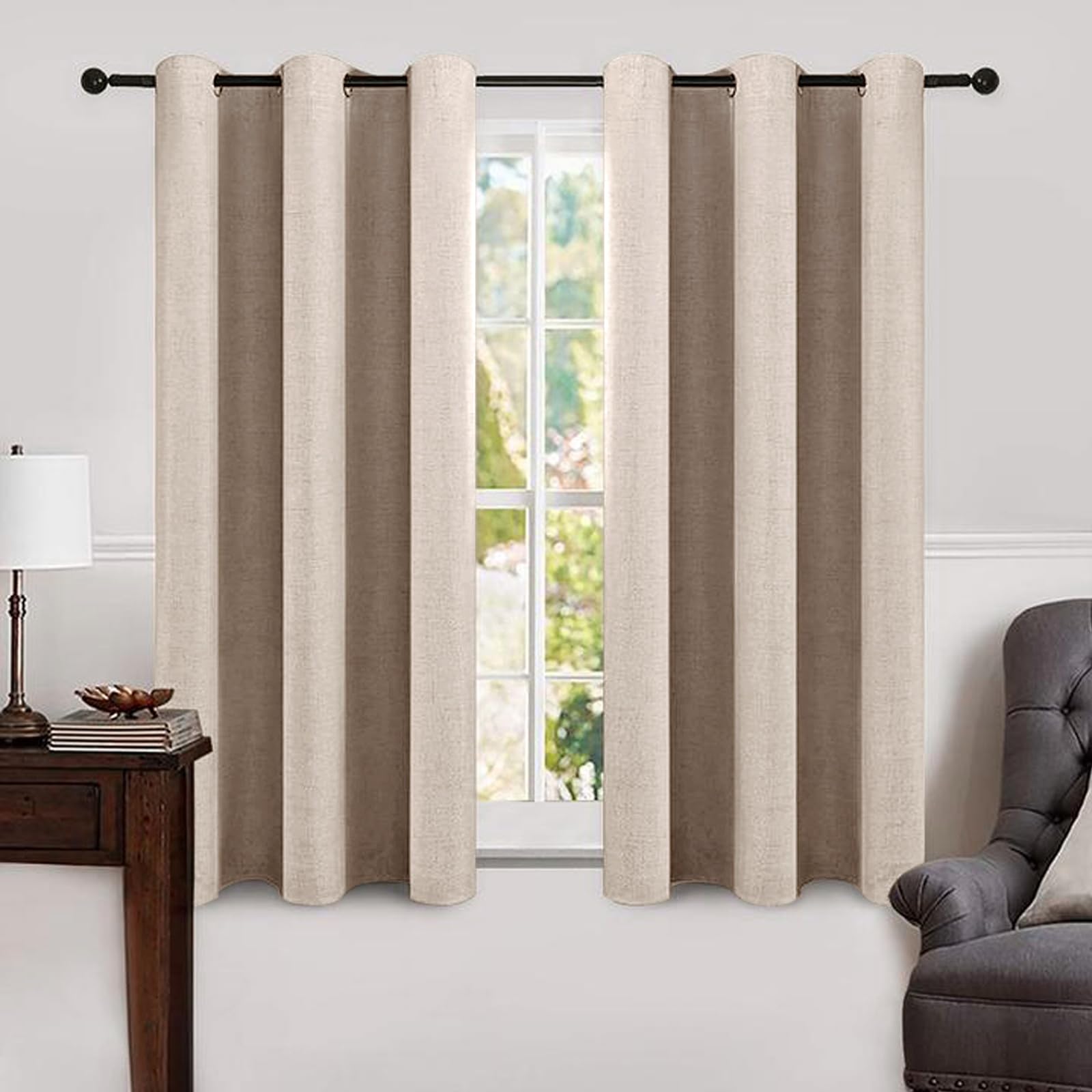 MIULEE 90 Inches Linen Textured Curtains for Bedroom 100% Blackout Thermal Insulated Natural Beige Grommet Room Darkening Curtains & Drapes Luxury Decor for Living Room Nursery 52 x 90 Inch (2 Panels)