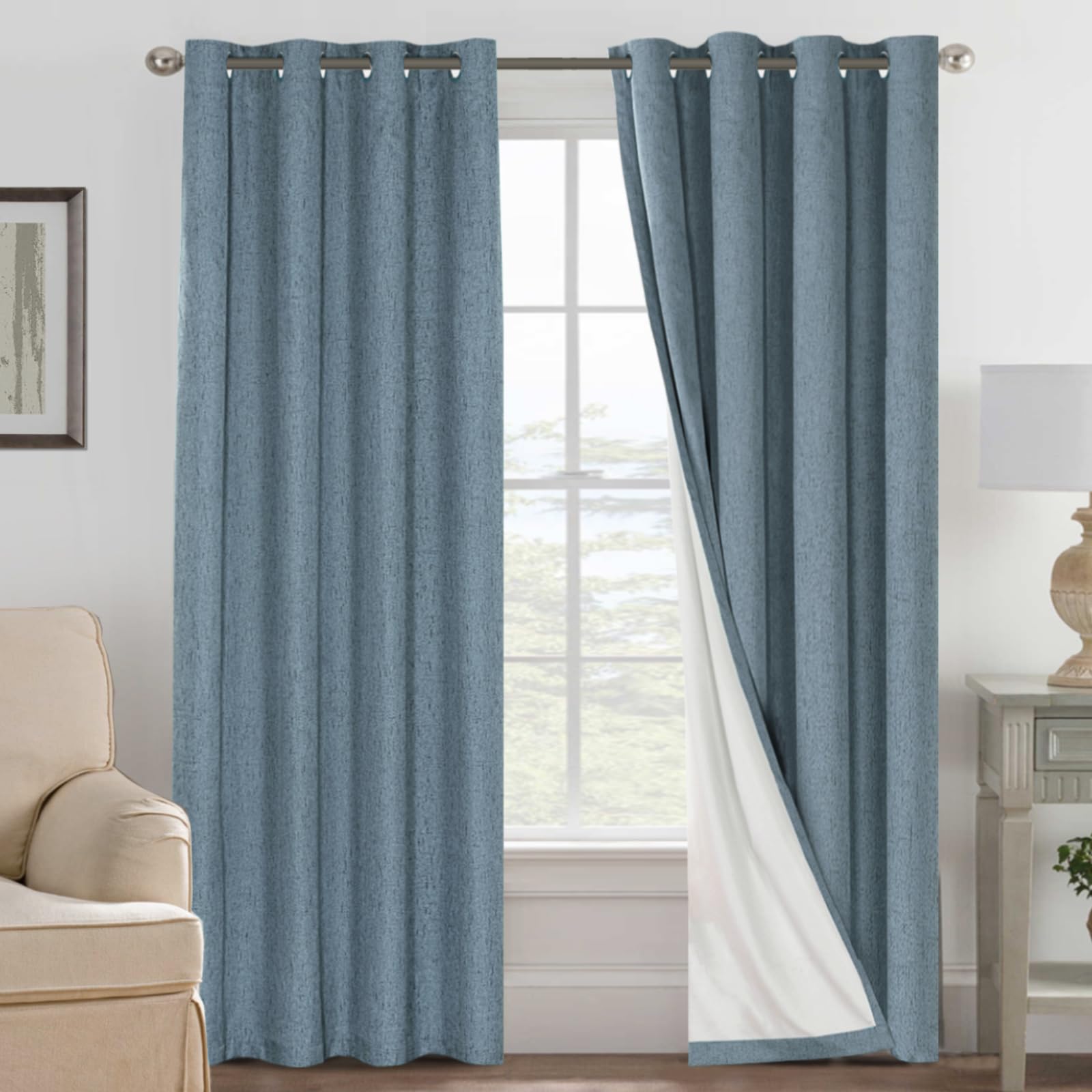 H.VERSAILTEX Linen 100% Blackout Curtains for Bedroom Full Light Blocking Curtains, Textured Window Curtain for Living Room 84 inch Grommet, Energy Efficient Curtains White Liner(2 Panels, Natural)