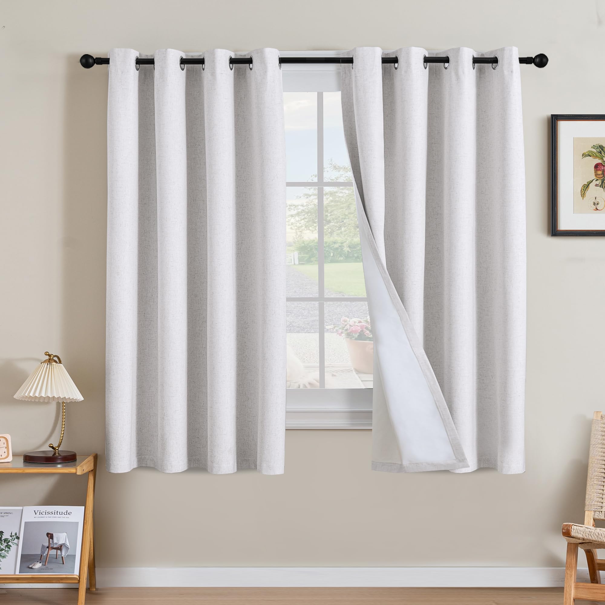 H.VERSAILTEX Linen 100% Blackout Curtains for Bedroom Full Light Blocking Curtains, Textured Window Curtain for Living Room 84 inch Grommet, Energy Efficient Curtains White Liner(2 Panels, Natural)