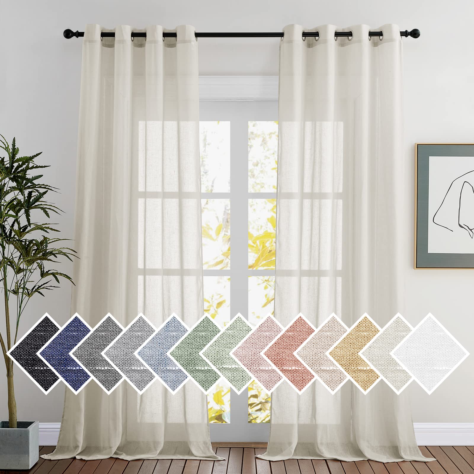 NICETOWN Semi Sheer Beige Curtains 84 inches Long, Grommet Retro Linen Curtains Window Treatments Vertical Drapes Privacy with Light Filter for Living Room, W52 x L84, 2 Panels