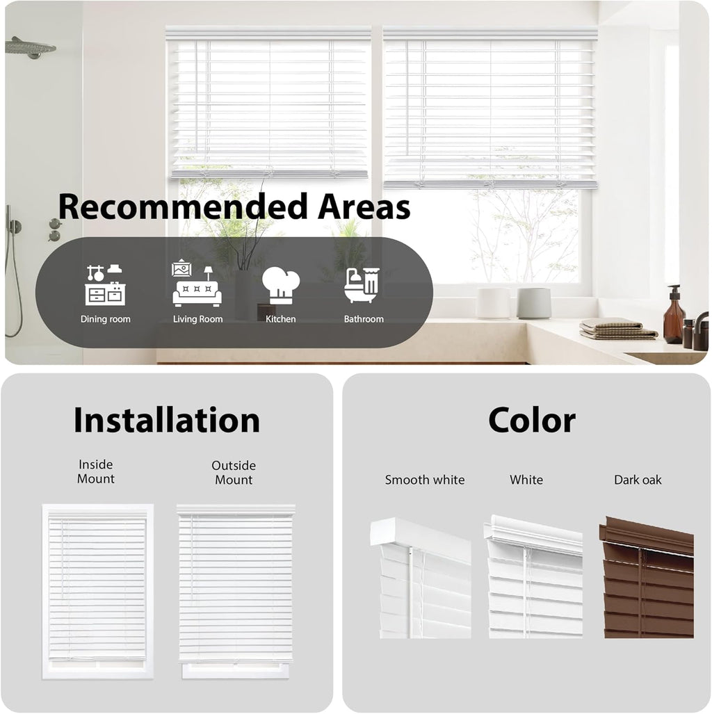DEZ FURNISHINGS Cordless 2" Faux Wood Blind, 32" W x 48" H, White