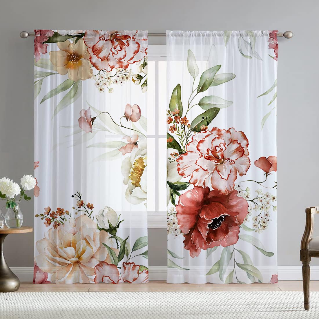 Green Eucalyptus Leaves Sheer Curtains for Living Room 84 inch Length 2 Panels Set Elegant Wild Flower Floral Spring Printed Window Curtain Natural Chiffon Drapes for Bedroom