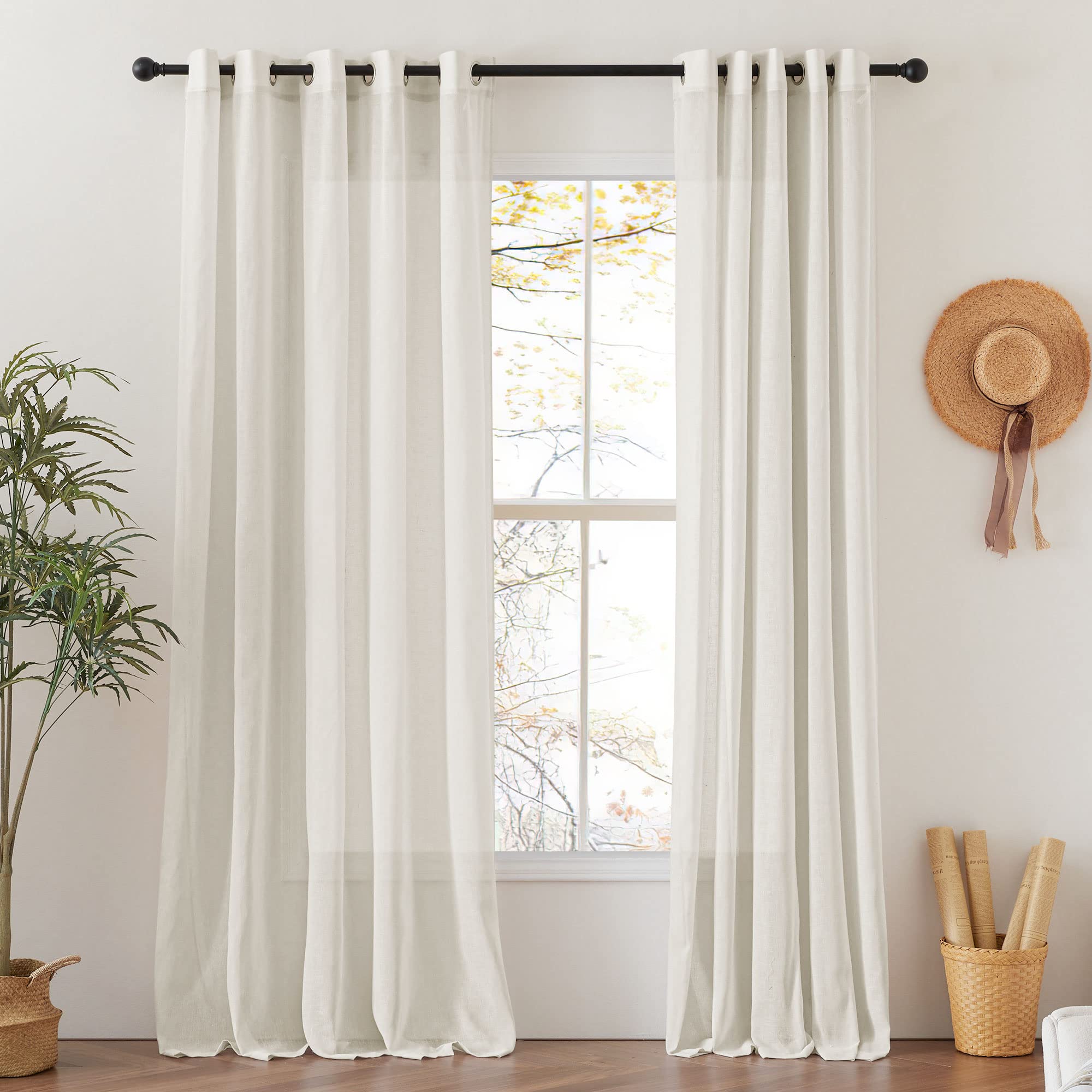 NICETOWN Semi Sheer Beige Curtains 84 inches Long, Grommet Retro Linen Curtains Window Treatments Vertical Drapes Privacy with Light Filter for Living Room, W52 x L84, 2 Panels