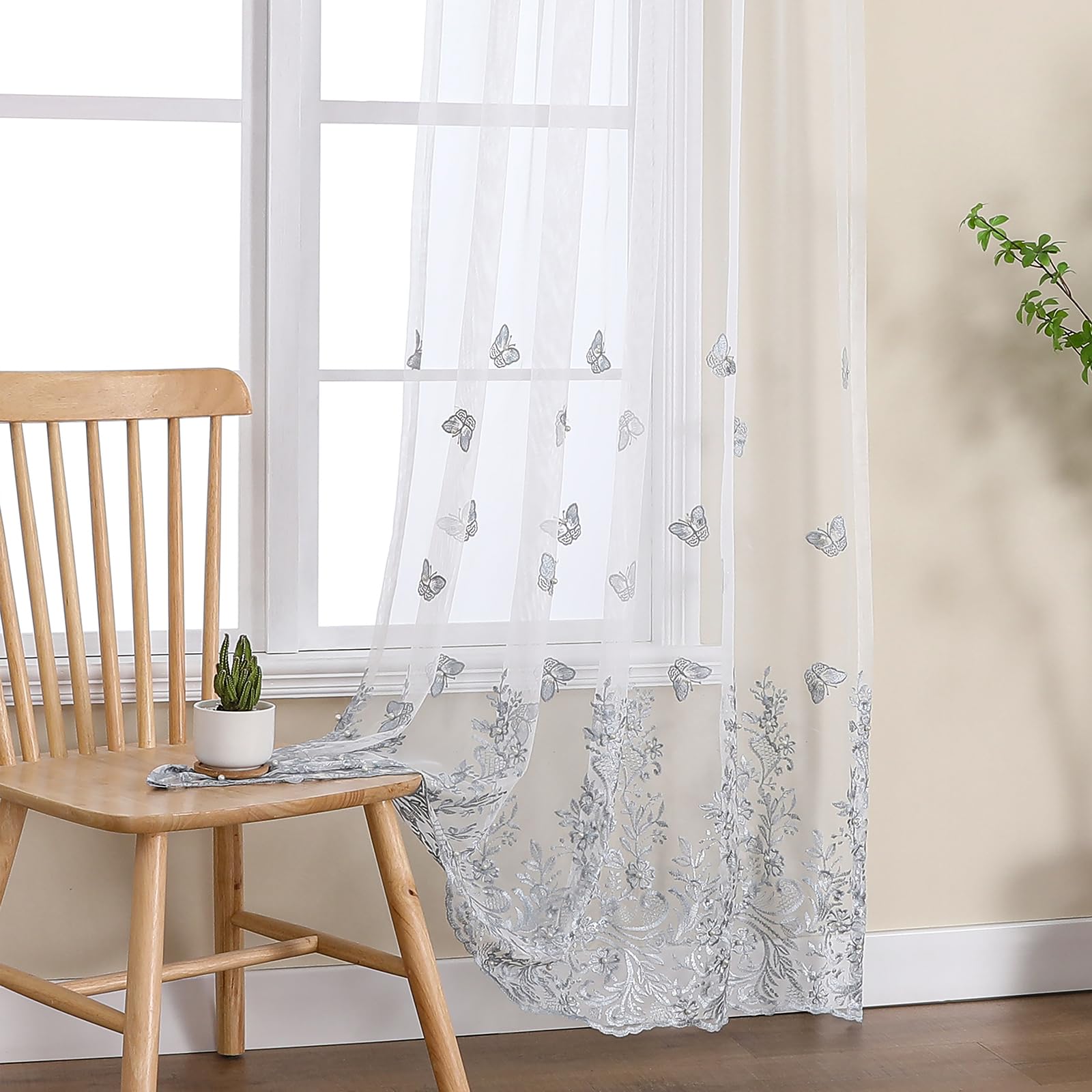 VISIONTEX Sheer Curtains 84 Inches Long 2 Panels Set Cream Beige Embroidered Floral Leaf Pattern Rod Pocket Semi Sheer Voile Window Curtains/Drapes for Bedroom Living Room 54 x 84 Inches