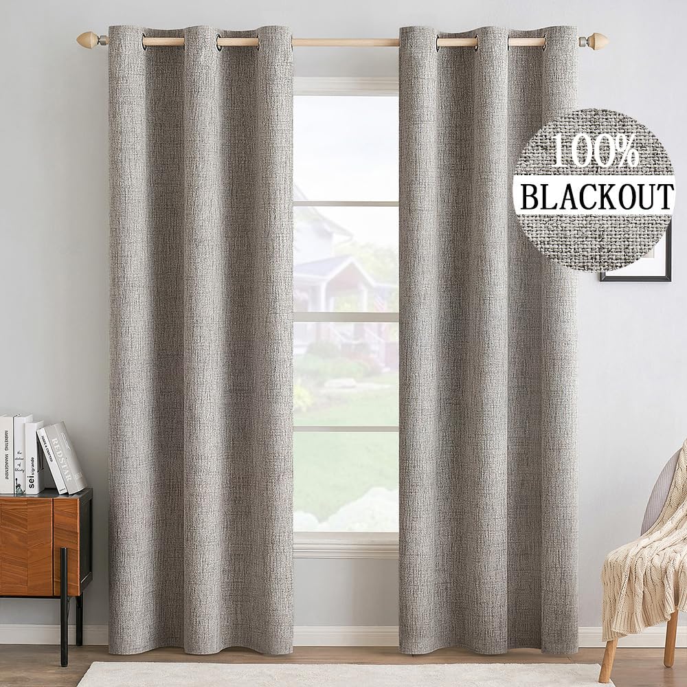 MIULEE 90 Inches Linen Textured Curtains for Bedroom 100% Blackout Thermal Insulated Natural Beige Grommet Room Darkening Curtains & Drapes Luxury Decor for Living Room Nursery 52 x 90 Inch (2 Panels)