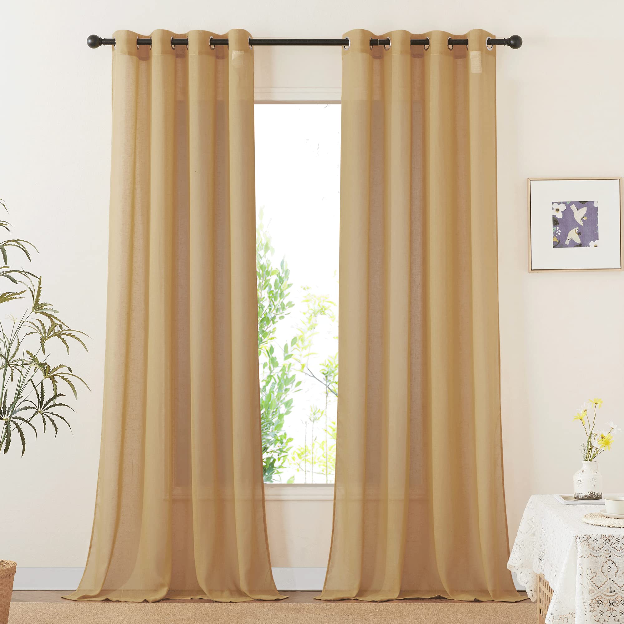 NICETOWN Semi Sheer Beige Curtains 84 inches Long, Grommet Retro Linen Curtains Window Treatments Vertical Drapes Privacy with Light Filter for Living Room, W52 x L84, 2 Panels