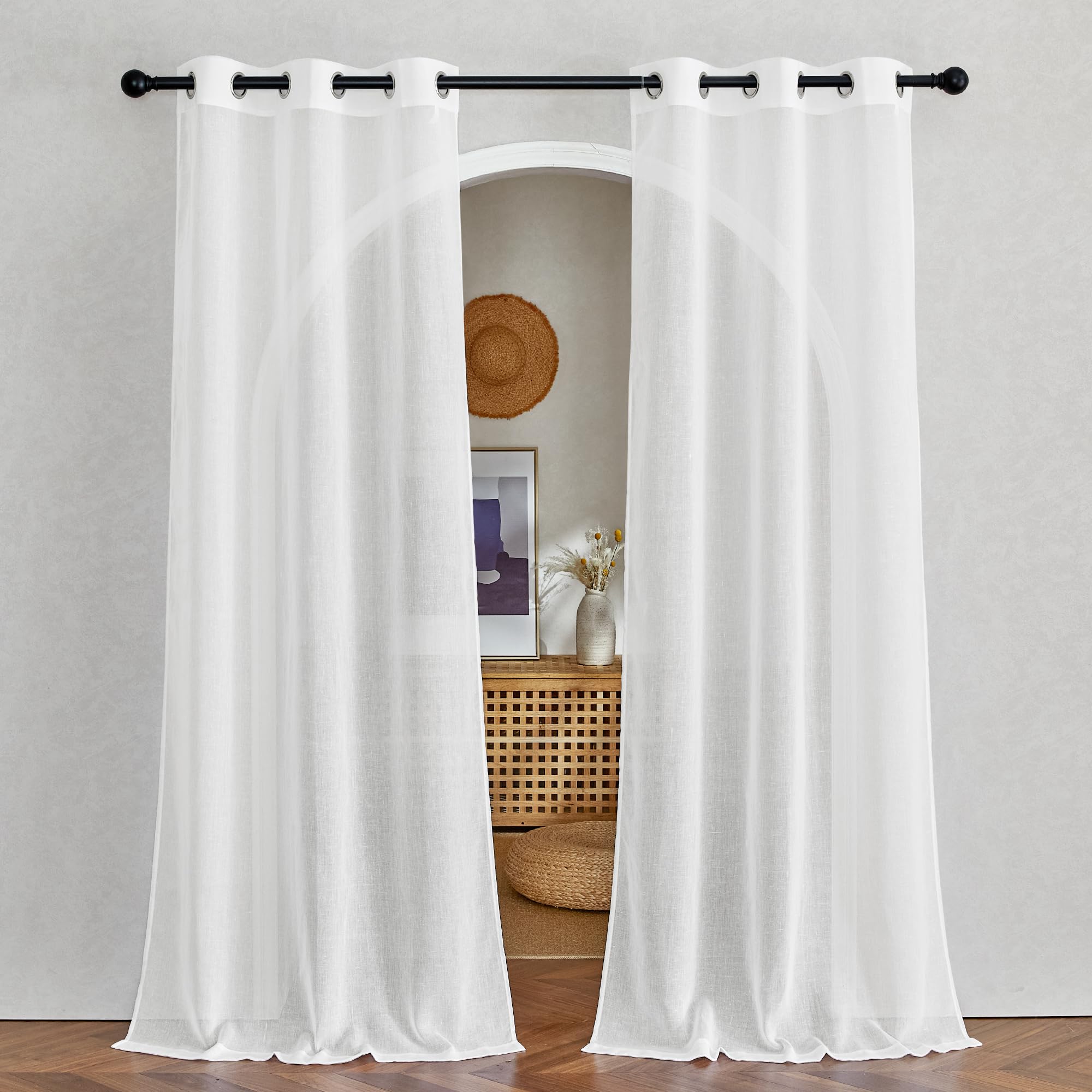 NICETOWN Semi Sheer Beige Curtains 84 inches Long, Grommet Retro Linen Curtains Window Treatments Vertical Drapes Privacy with Light Filter for Living Room, W52 x L84, 2 Panels