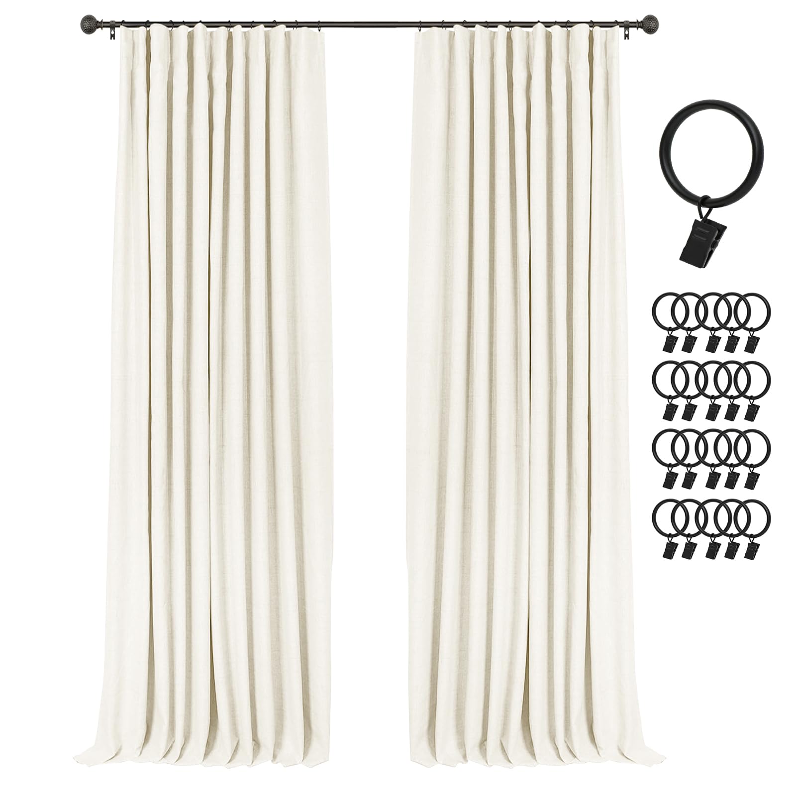 INOVADAY 100% Blackout Curtains for Bedroom, Black Out Curtains 84 Inch Long, Clip Rings Linen Blackout Drapes, Thermal Insulated Room Darkening for Living Room, 2 Panels - Beige,W50xL84