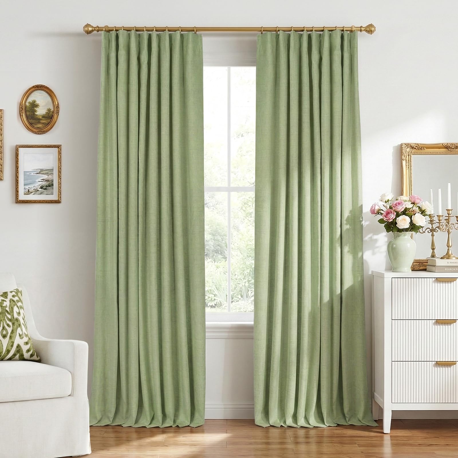 INOVADAY 100% Blackout Curtains for Bedroom, Black Out Curtains 84 Inch Long, Clip Rings Linen Blackout Drapes, Thermal Insulated Room Darkening for Living Room, 2 Panels - Beige,W50xL84