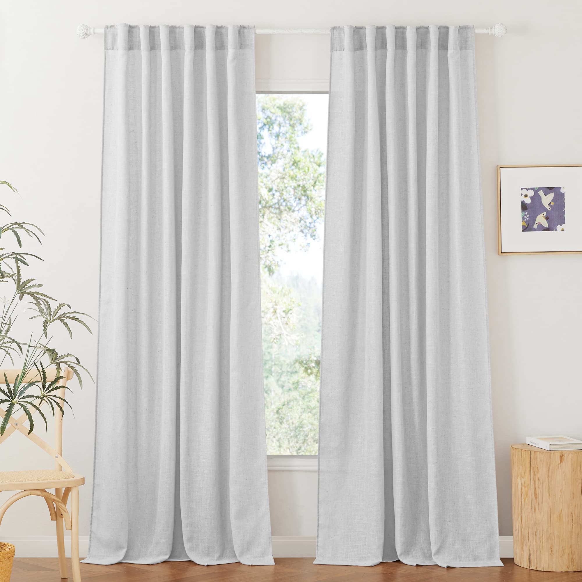 RYB HOME White Sheer Curtains Linen Texture Window Panels, Semi Sheer Light Filetring Rod Pocket & Back Tab Drapes for Bedroom, 52 x 84 inches, Pack of 2