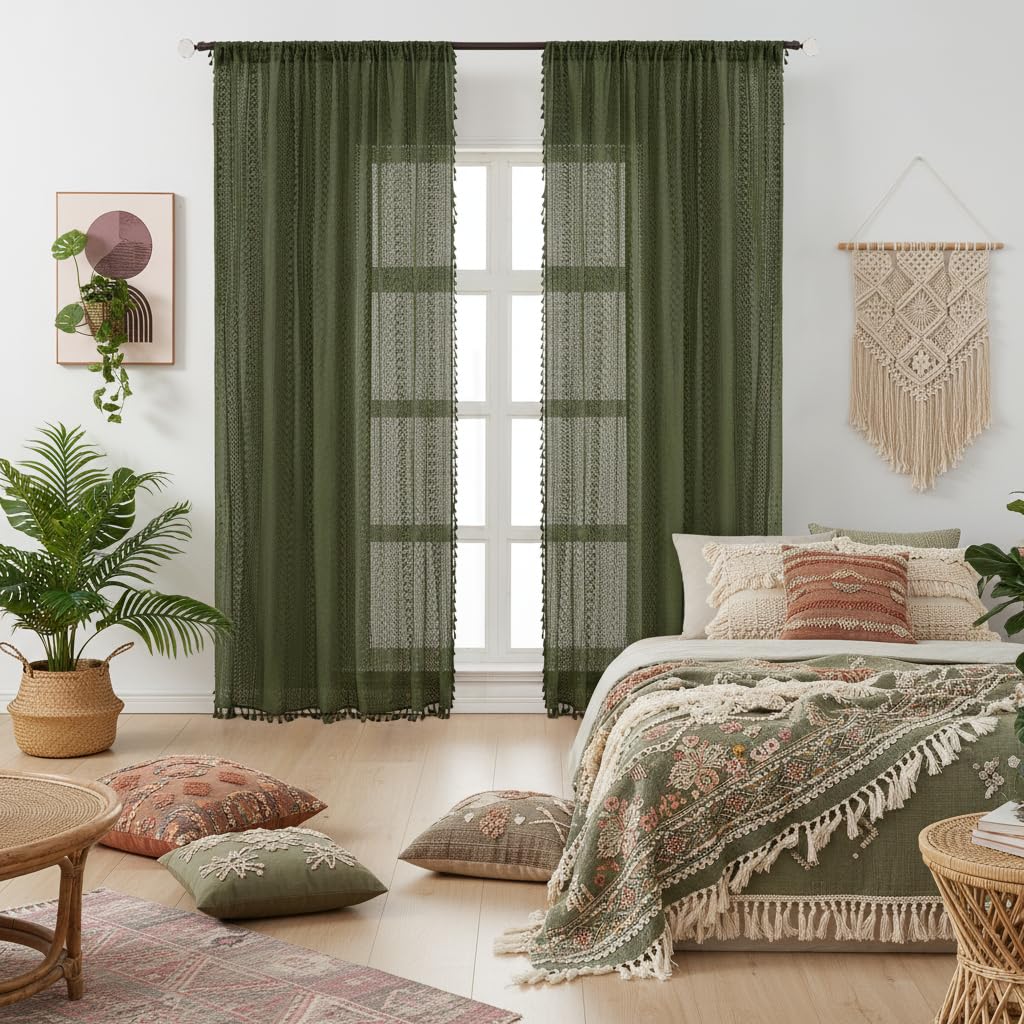 WAZZIO Boho Crochet Curtains for Living Room Lace Curtains 84 Inches Long 2 Panel, Rod Pocket Vintage Tassel Bohemian Decor Geometry Striped Light Filtering Semi Sheer Curtain Drapes for Bedroom,Beige
