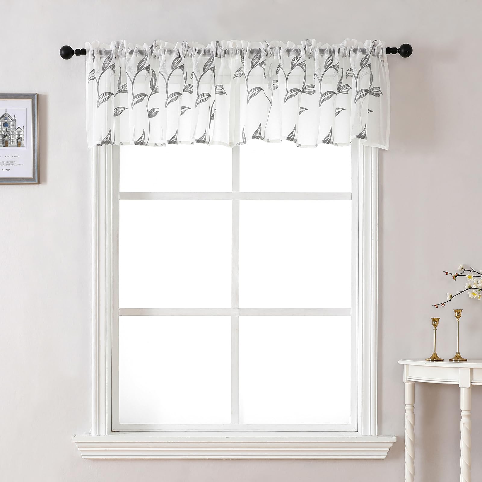 VISIONTEX Sheer Curtains 84 Inches Long 2 Panels Set Cream Beige Embroidered Floral Leaf Pattern Rod Pocket Semi Sheer Voile Window Curtains/Drapes for Bedroom Living Room 54 x 84 Inches