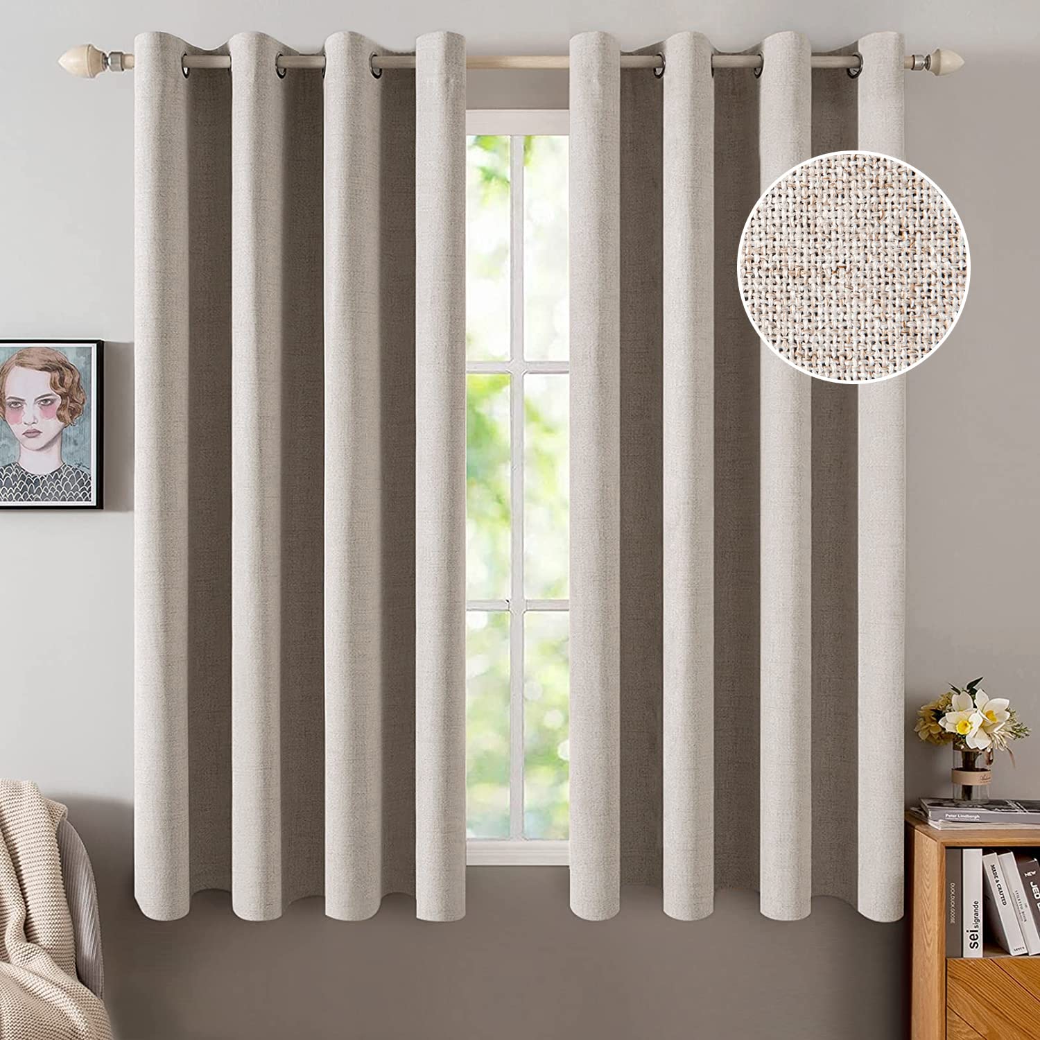 MIULEE 90 Inches Linen Textured Curtains for Bedroom 100% Blackout Thermal Insulated Natural Beige Grommet Room Darkening Curtains & Drapes Luxury Decor for Living Room Nursery 52 x 90 Inch (2 Panels)