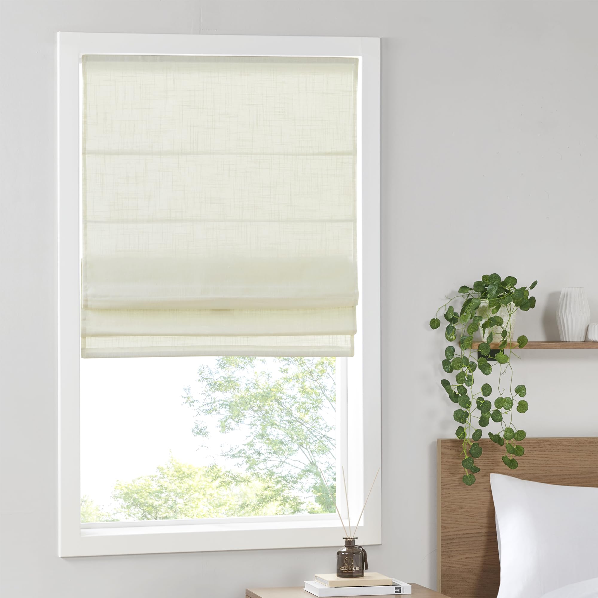Madison Park Kyler Cordless Roman Shades - Single Panel, Lightweight Linen Blend Fabric, Natural Design, Easy Installation, Light Filtering Window Blind, Bedroom, Living Room Decor 31"W x 64"H Natural