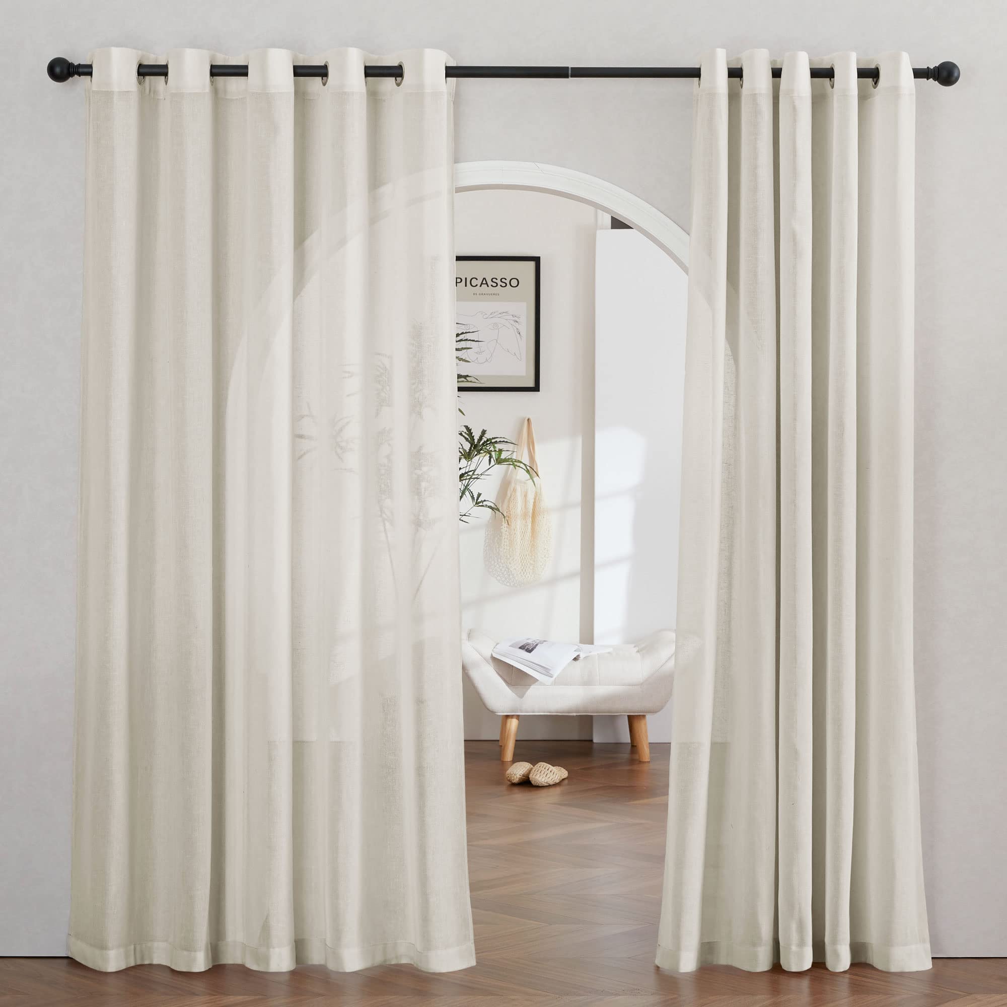 NICETOWN Semi Sheer Beige Curtains 84 inches Long, Grommet Retro Linen Curtains Window Treatments Vertical Drapes Privacy with Light Filter for Living Room, W52 x L84, 2 Panels