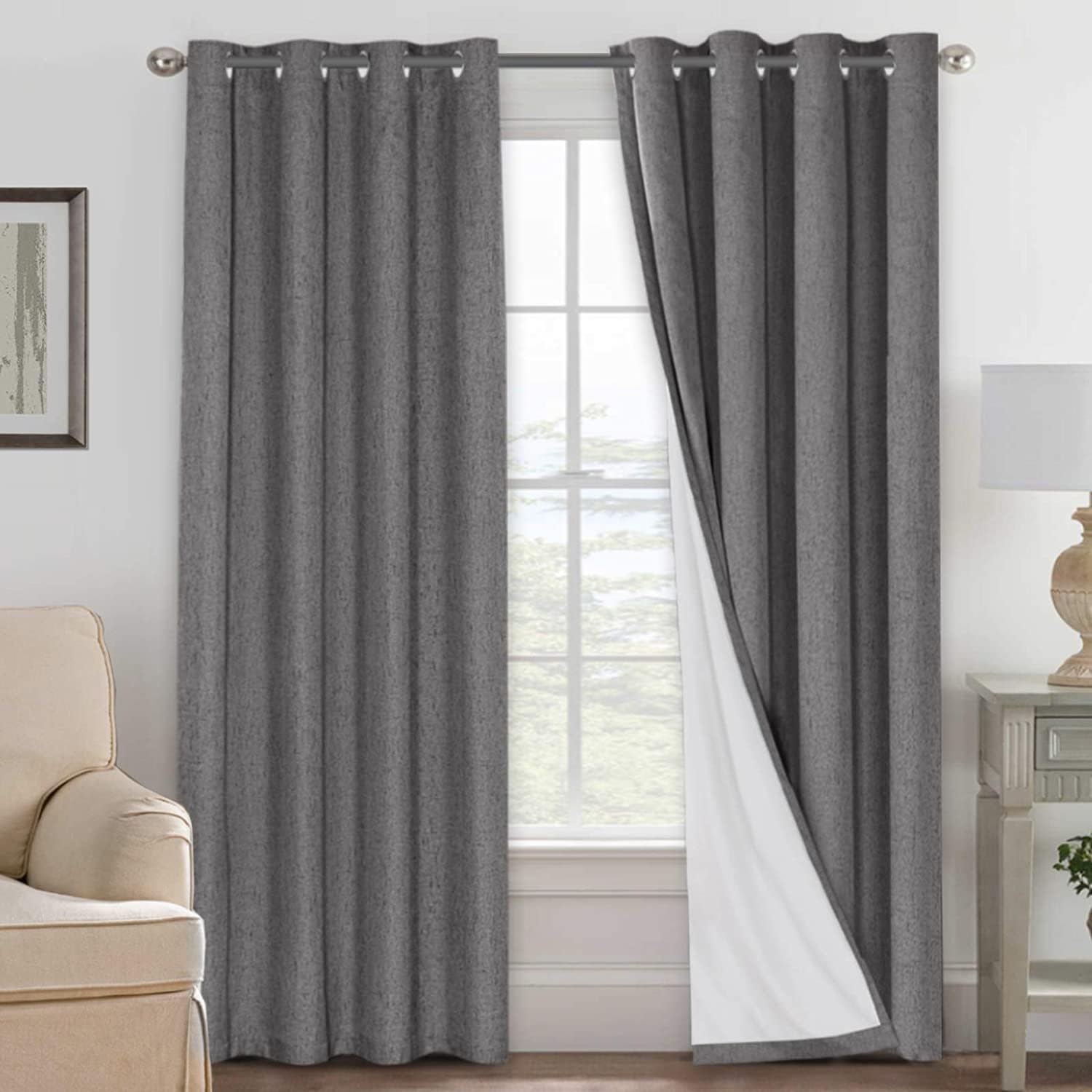 H.VERSAILTEX Linen 100% Blackout Curtains for Bedroom Full Light Blocking Curtains, Textured Window Curtain for Living Room 84 inch Grommet, Energy Efficient Curtains White Liner(2 Panels, Natural)