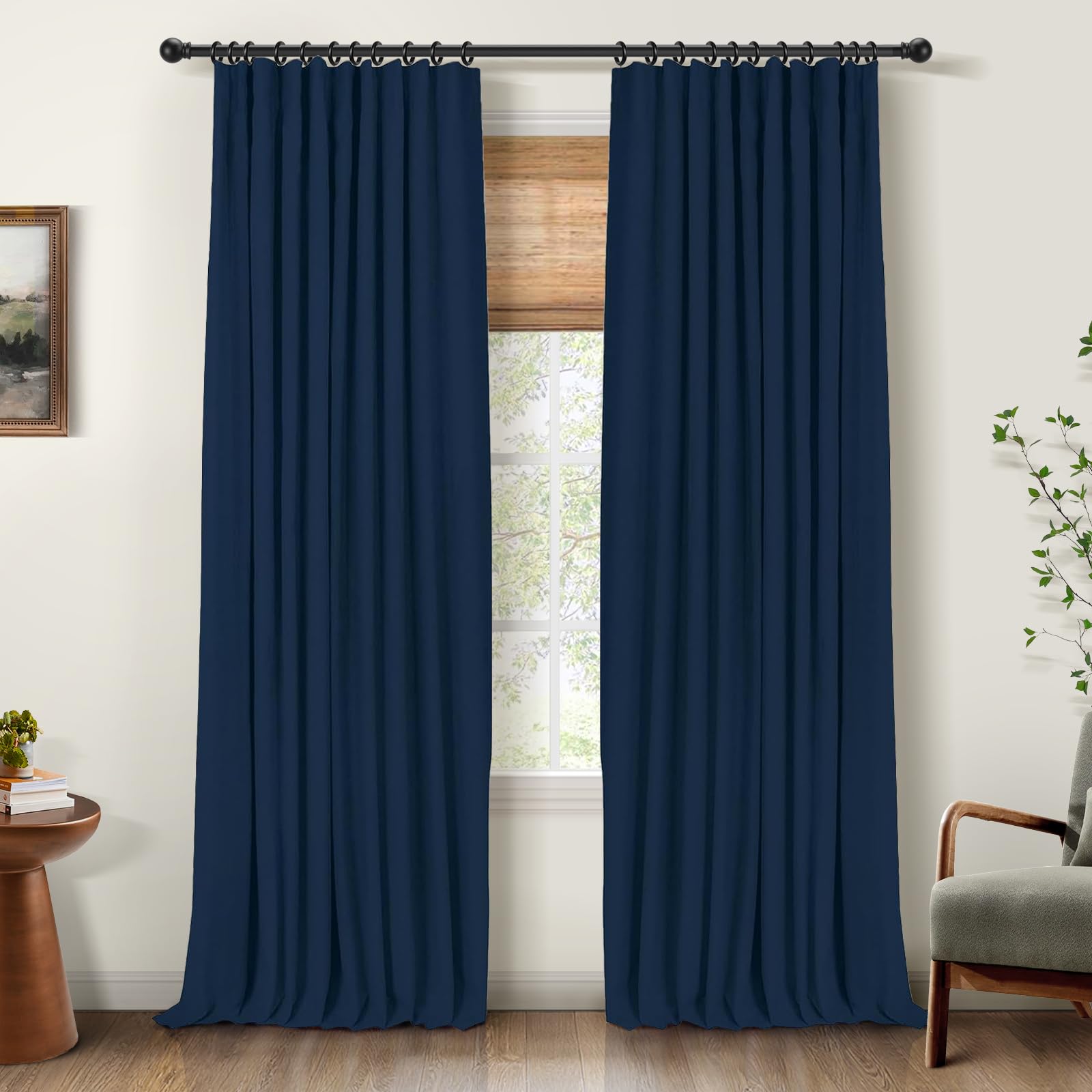 INOVADAY 100% Blackout Curtains for Bedroom, Black Out Curtains 84 Inch Long, Clip Rings Linen Blackout Drapes, Thermal Insulated Room Darkening for Living Room, 2 Panels - Beige,W50xL84