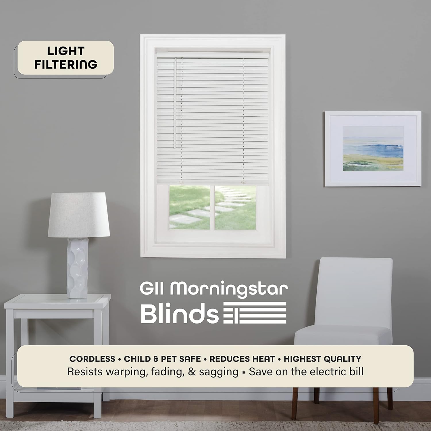Cordless Light Filtering Mini Blind - 47 Inch Width, 48 Inch Length, 1" Slat Size - Pearl White - Cordless GII Morningstar Horizontal Windows Blinds for Interior by Achim Home Decor