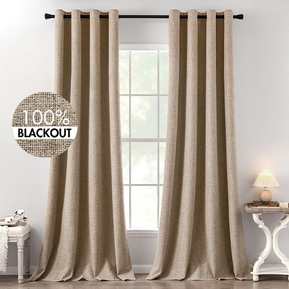 MIULEE 90 Inches Linen Textured Curtains for Bedroom 100% Blackout Thermal Insulated Natural Beige Grommet Room Darkening Curtains & Drapes Luxury Decor for Living Room Nursery 52 x 90 Inch (2 Panels)