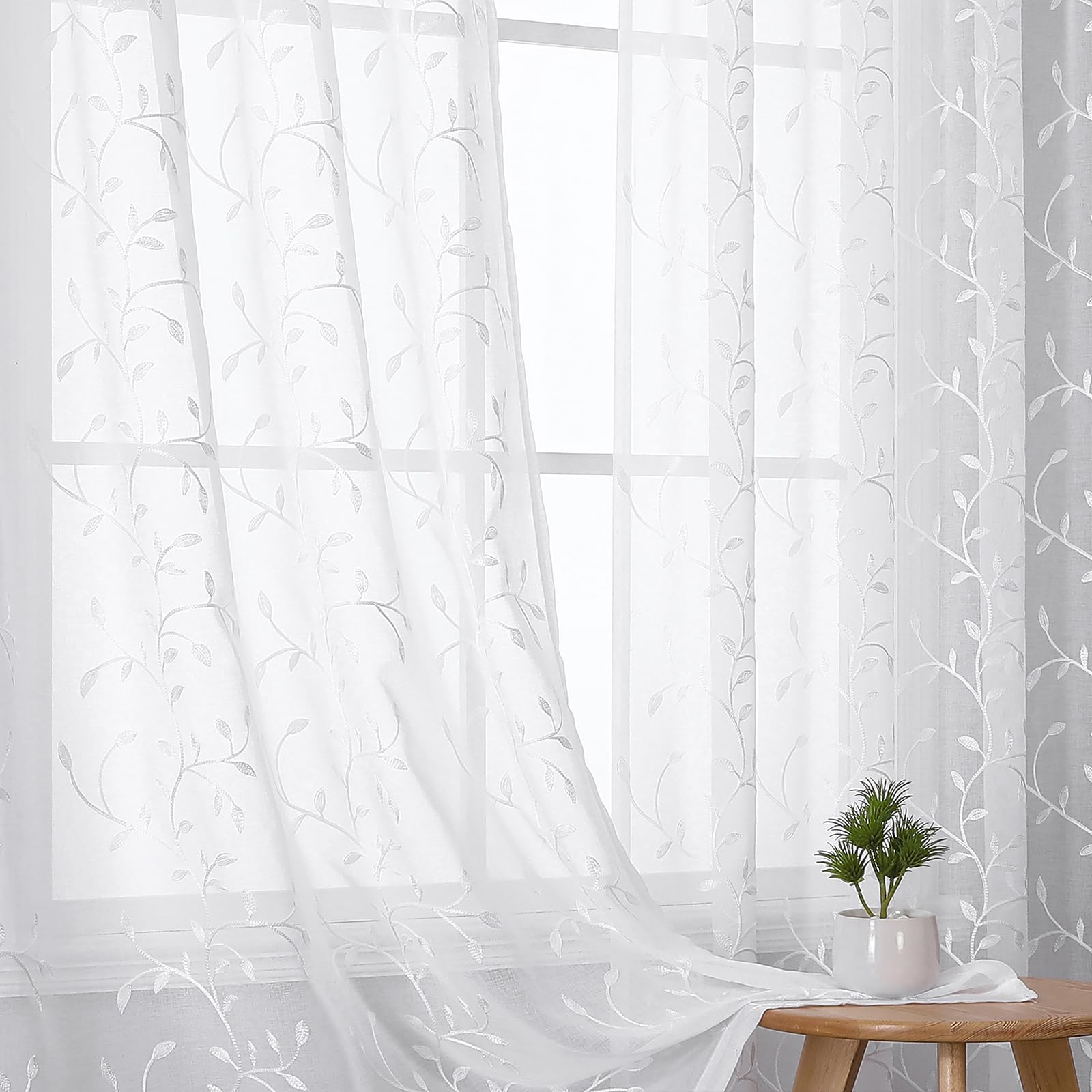 VISIONTEX Sheer Curtains 84 Inches Long 2 Panels Set Cream Beige Embroidered Floral Leaf Pattern Rod Pocket Semi Sheer Voile Window Curtains/Drapes for Bedroom Living Room 54 x 84 Inches