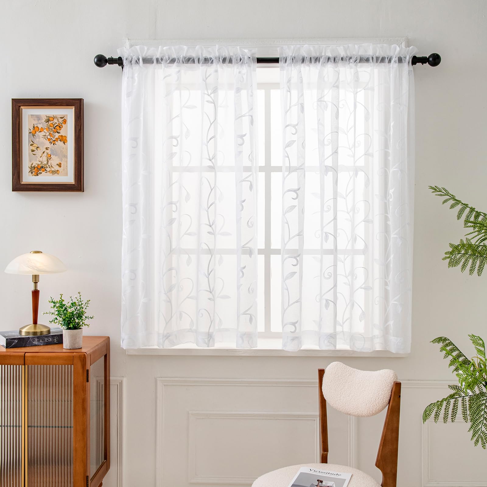 VISIONTEX Sheer Curtains 84 Inches Long 2 Panels Set Cream Beige Embroidered Floral Leaf Pattern Rod Pocket Semi Sheer Voile Window Curtains/Drapes for Bedroom Living Room 54 x 84 Inches