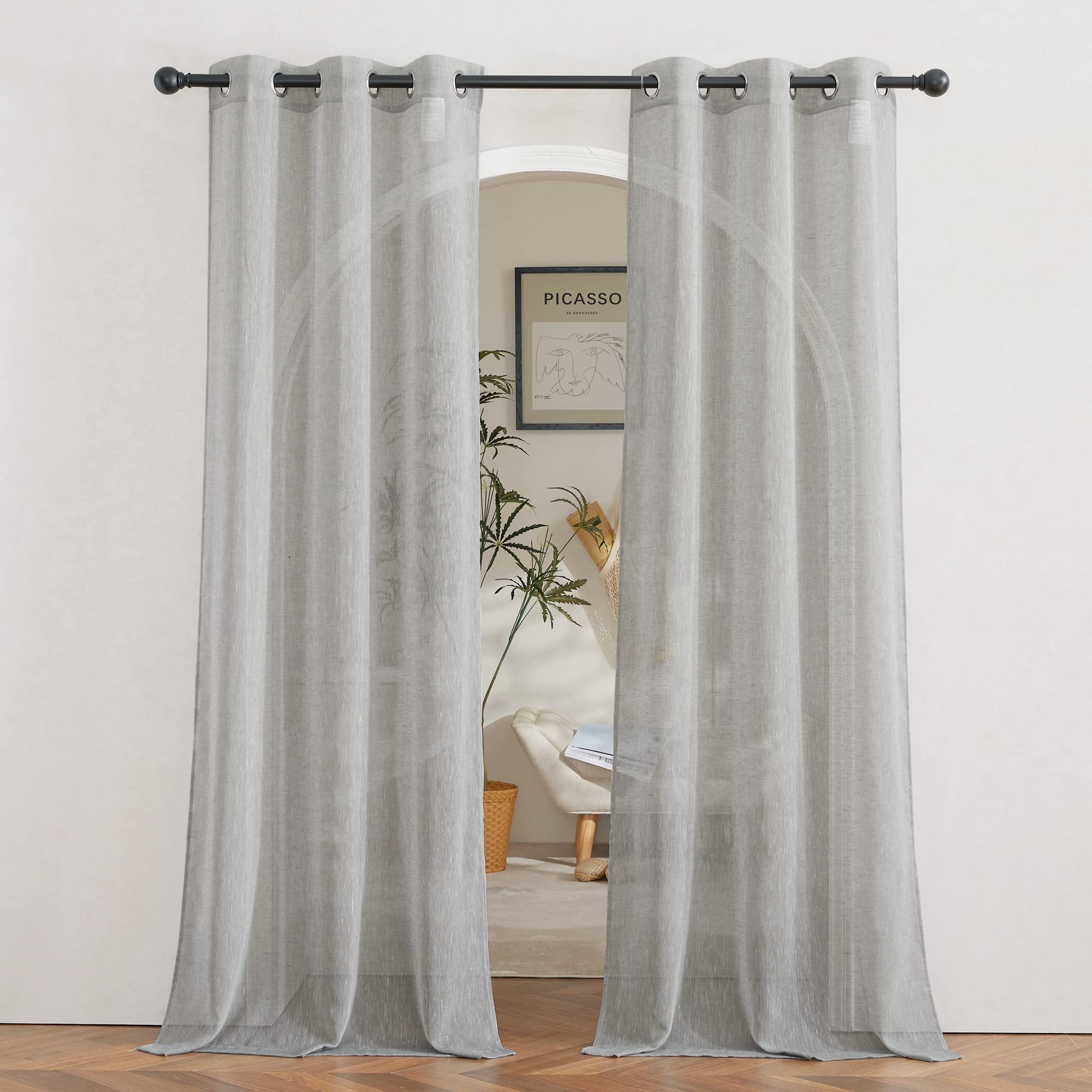 NICETOWN Semi Sheer Beige Curtains 84 inches Long, Grommet Retro Linen Curtains Window Treatments Vertical Drapes Privacy with Light Filter for Living Room, W52 x L84, 2 Panels