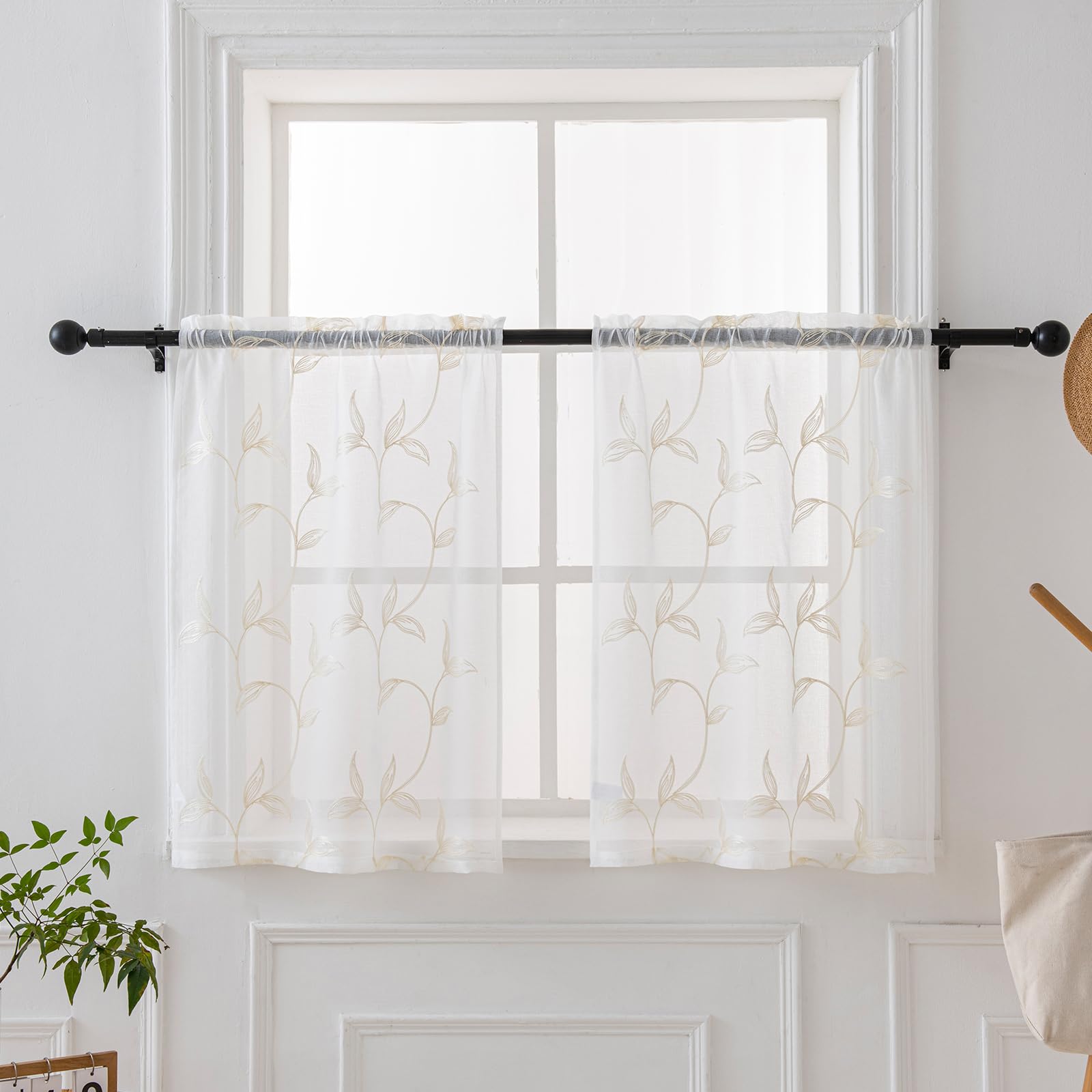 VISIONTEX Sheer Curtains 84 Inches Long 2 Panels Set Cream Beige Embroidered Floral Leaf Pattern Rod Pocket Semi Sheer Voile Window Curtains/Drapes for Bedroom Living Room 54 x 84 Inches
