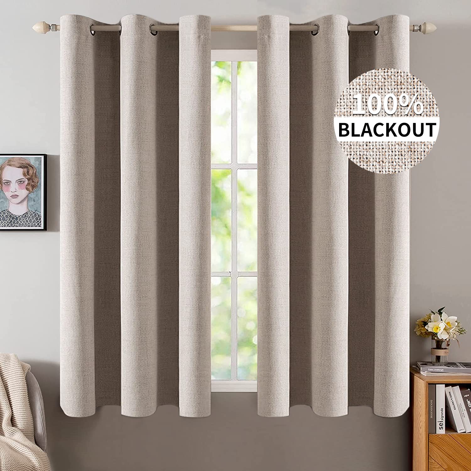 MIULEE 90 Inches Linen Textured Curtains for Bedroom 100% Blackout Thermal Insulated Natural Beige Grommet Room Darkening Curtains & Drapes Luxury Decor for Living Room Nursery 52 x 90 Inch (2 Panels)