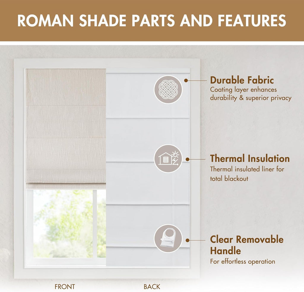 Madison Park Cordless Roman Shades, Blackout Window Blind Privacy Window Shades, Thermal Insulated Cordless Window Treatment for Bedroom, Living Room, Quincy, Single Panel 31" W X 64" H Linen