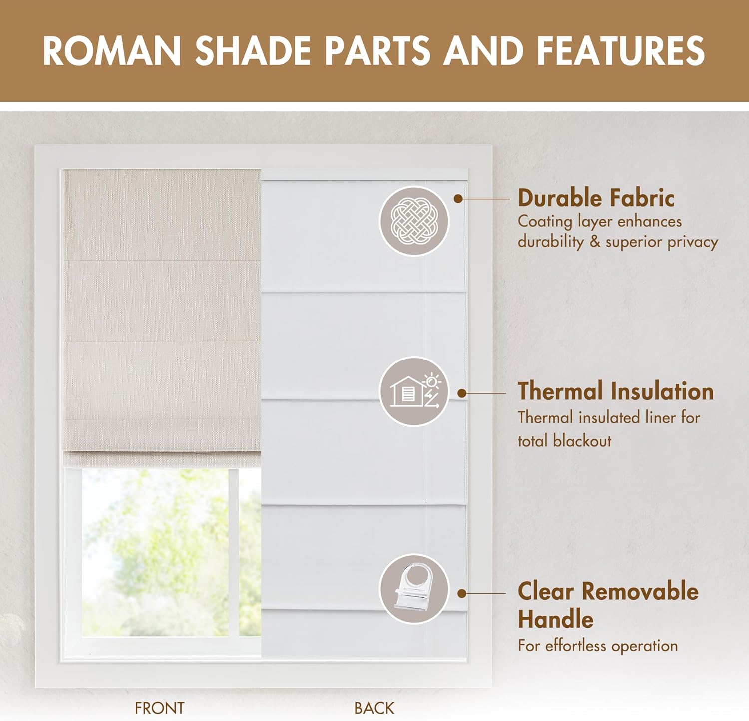 Madison Park Cordless Roman Shades, Blackout Window Blind Privacy Window Shades, Thermal Insulated Cordless Window Treatment for Bedroom, Living Room, Quincy, Single Panel 31" W X 64" H Linen