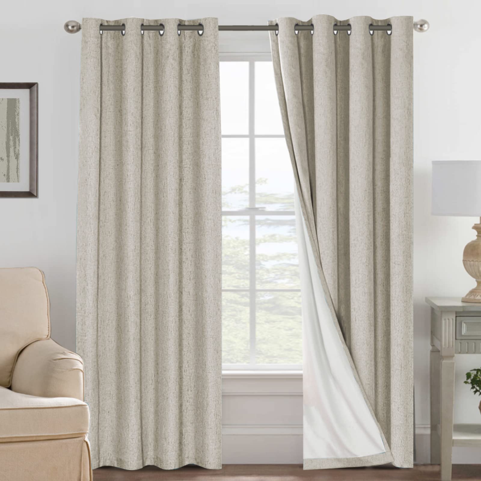 H.VERSAILTEX Linen 100% Blackout Curtains for Bedroom Full Light Blocking Curtains, Textured Window Curtain for Living Room 84 inch Grommet, Energy Efficient Curtains White Liner(2 Panels, Natural)