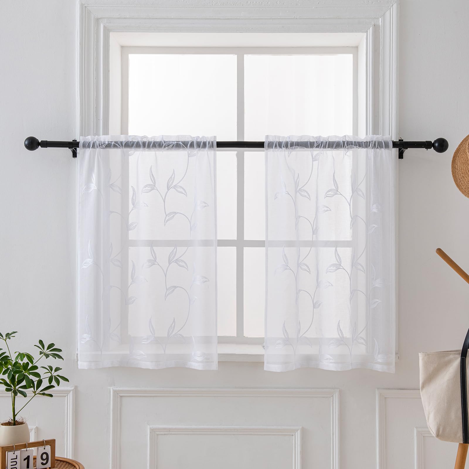 VISIONTEX Sheer Curtains 84 Inches Long 2 Panels Set Cream Beige Embroidered Floral Leaf Pattern Rod Pocket Semi Sheer Voile Window Curtains/Drapes for Bedroom Living Room 54 x 84 Inches