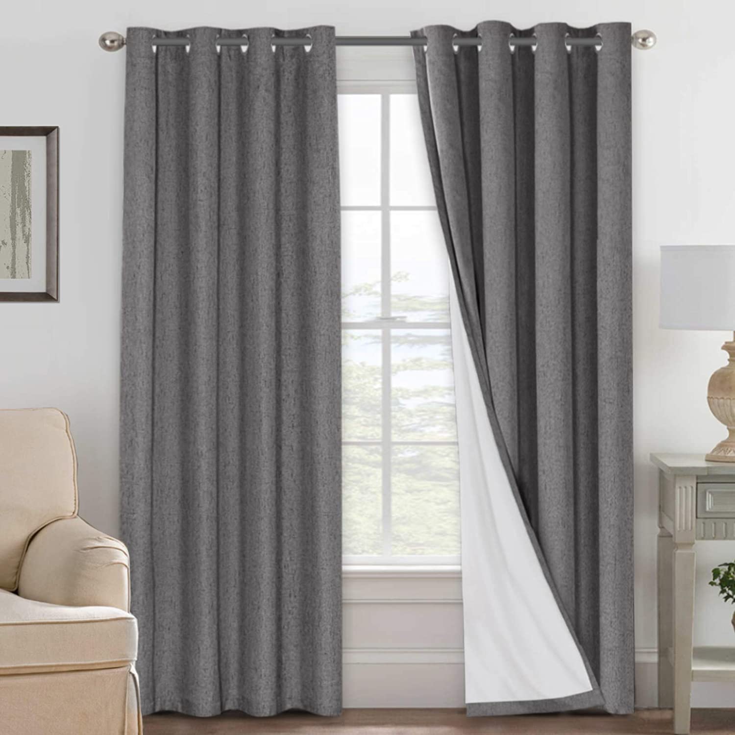 H.VERSAILTEX Linen 100% Blackout Curtains for Bedroom Full Light Blocking Curtains, Textured Window Curtain for Living Room 84 inch Grommet, Energy Efficient Curtains White Liner(2 Panels, Natural)