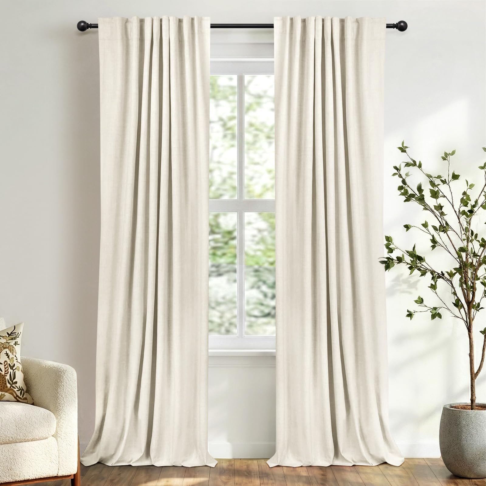 100% Blackout Shield Linen Blackout Curtains for Bedroom 84 Inches Long, Back Tab/Rod Pocket Living Room Drapes, Thermal Insulated Blackout Curtains 2 Panels Set, 50" W x 84" L, Cream
