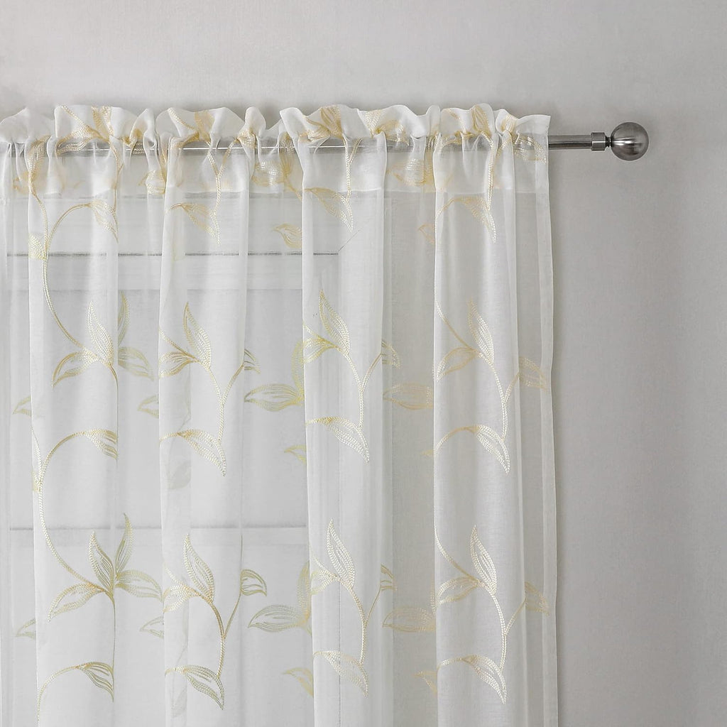 VISIONTEX Sheer Curtains 84 Inches Long 2 Panels Set Cream Beige Embroidered Floral Leaf Pattern Rod Pocket Semi Sheer Voile Window Curtains/Drapes for Bedroom Living Room 54 x 84 Inches