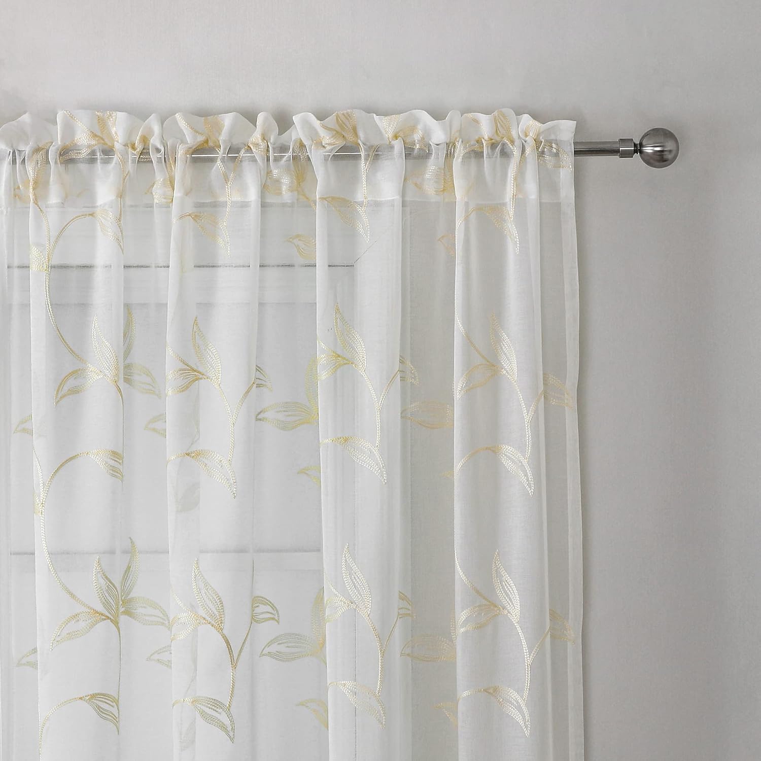 VISIONTEX Sheer Curtains 84 Inches Long 2 Panels Set Cream Beige Embroidered Floral Leaf Pattern Rod Pocket Semi Sheer Voile Window Curtains/Drapes for Bedroom Living Room 54 x 84 Inches