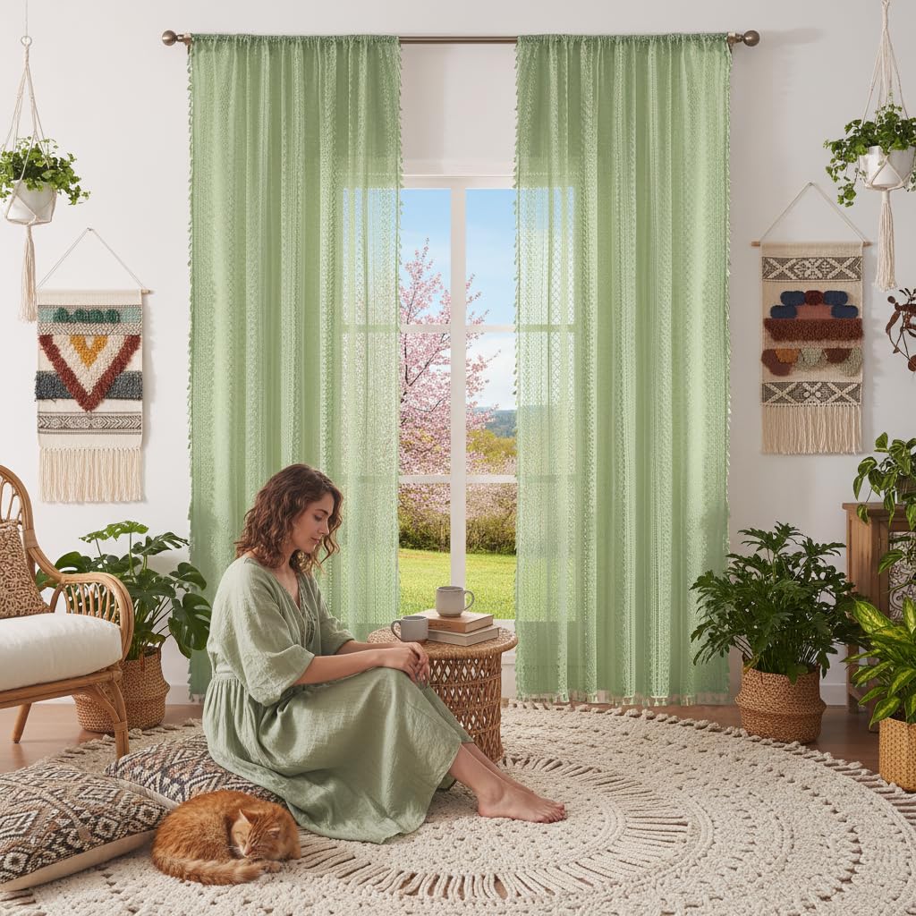 WAZZIO Boho Crochet Curtains for Living Room Lace Curtains 84 Inches Long 2 Panel, Rod Pocket Vintage Tassel Bohemian Decor Geometry Striped Light Filtering Semi Sheer Curtain Drapes for Bedroom,Beige
