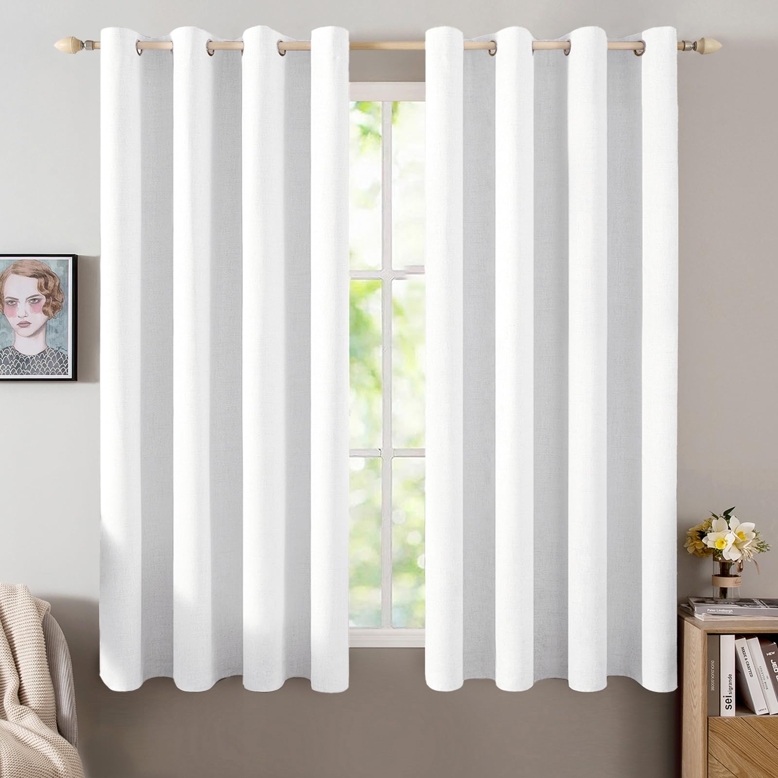 MIULEE 90 Inches Linen Textured Curtains for Bedroom 100% Blackout Thermal Insulated Natural Beige Grommet Room Darkening Curtains & Drapes Luxury Decor for Living Room Nursery 52 x 90 Inch (2 Panels)