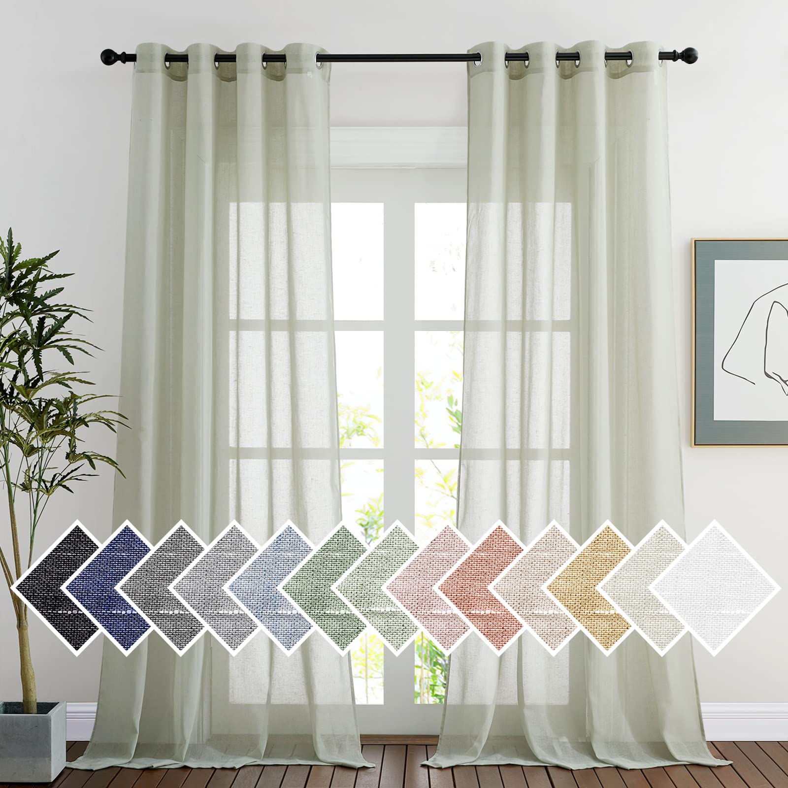 NICETOWN Semi Sheer Beige Curtains 84 inches Long, Grommet Retro Linen Curtains Window Treatments Vertical Drapes Privacy with Light Filter for Living Room, W52 x L84, 2 Panels
